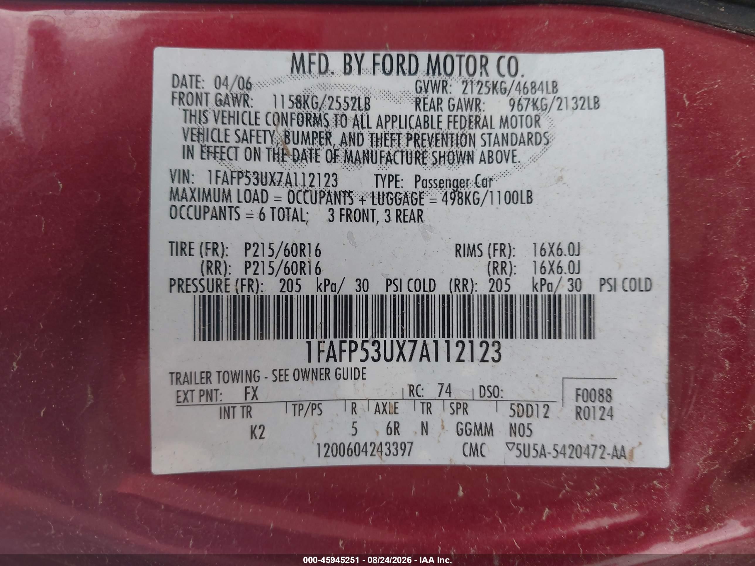 2007 Ford Taurus Se Red vin: 1FAFP53UX7A112123