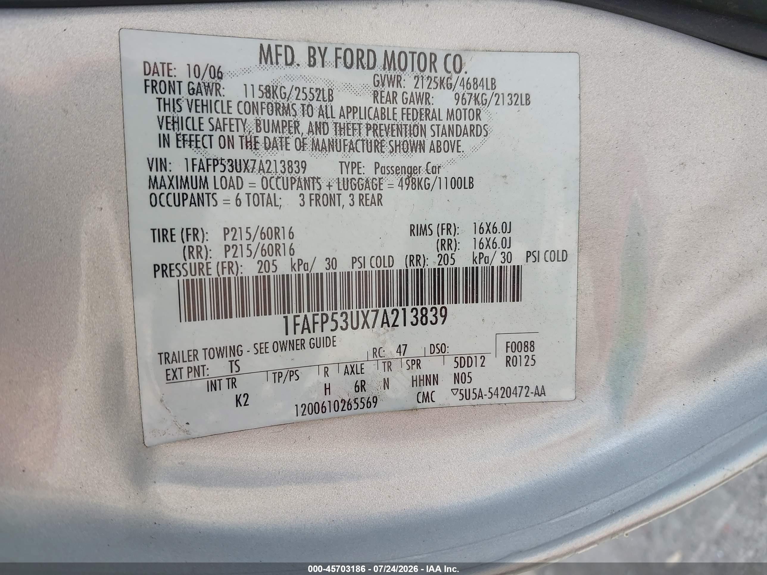 2007 Ford Taurus Se Silver vin: 1FAFP53UX7A213839