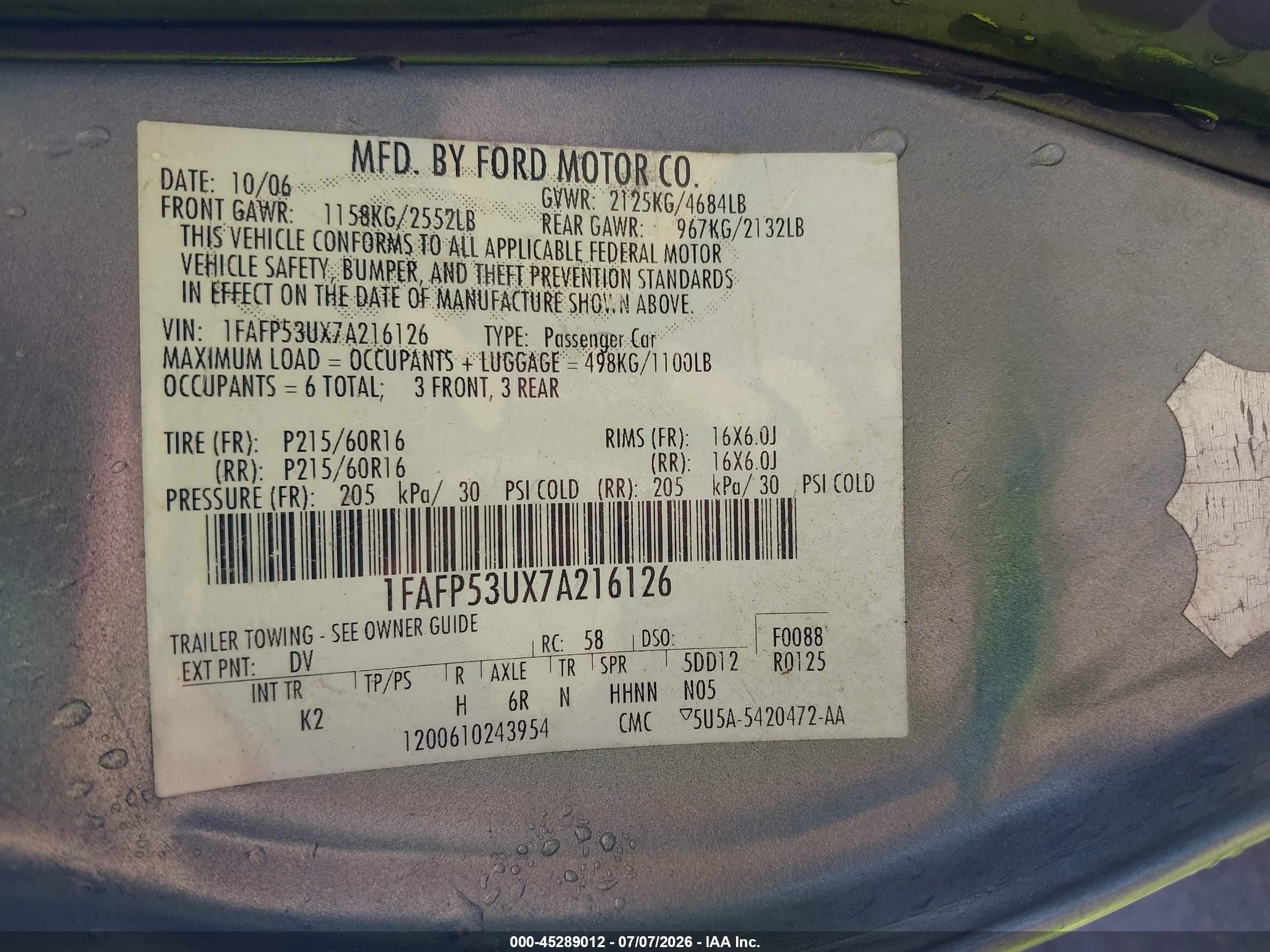 2007 Ford Taurus Se Green vin: 1FAFP53UX7A216126