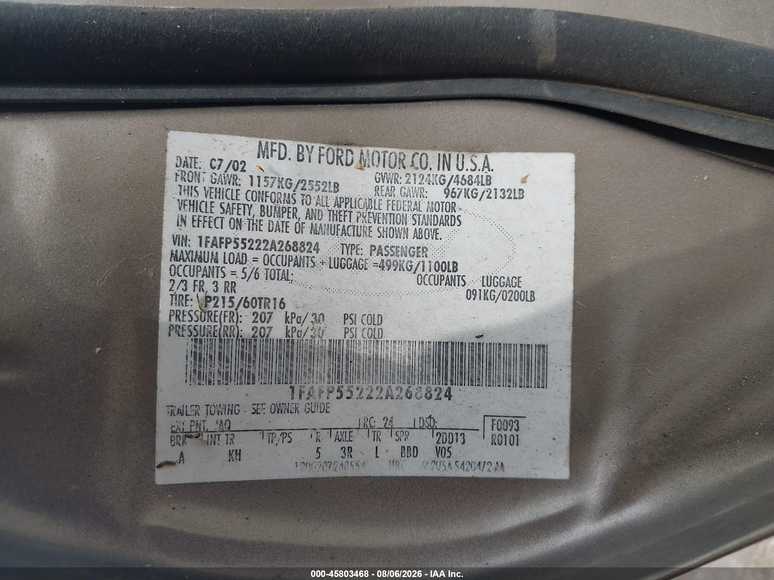 2002 Ford Taurus Ses Standard Beige vin: 1FAFP55222A268824