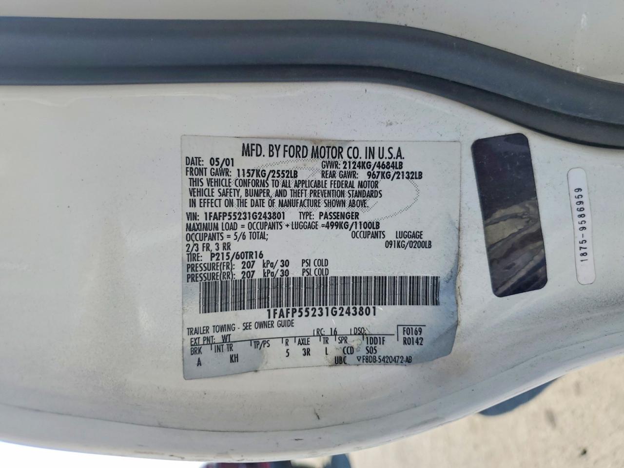 2001 Ford Taurus Ses White vin: 1FAFP55231G243801