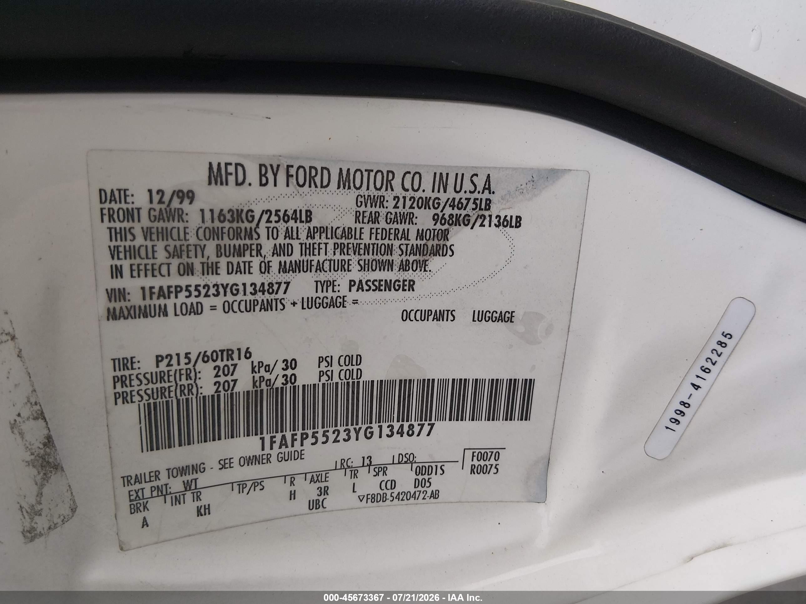 2000 Ford Taurus Ses White vin: 1FAFP5523YG134877