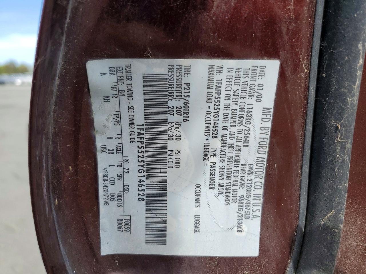 2000 Ford Taurus Ses Burgundy vin: 1FAFP5525YG146528