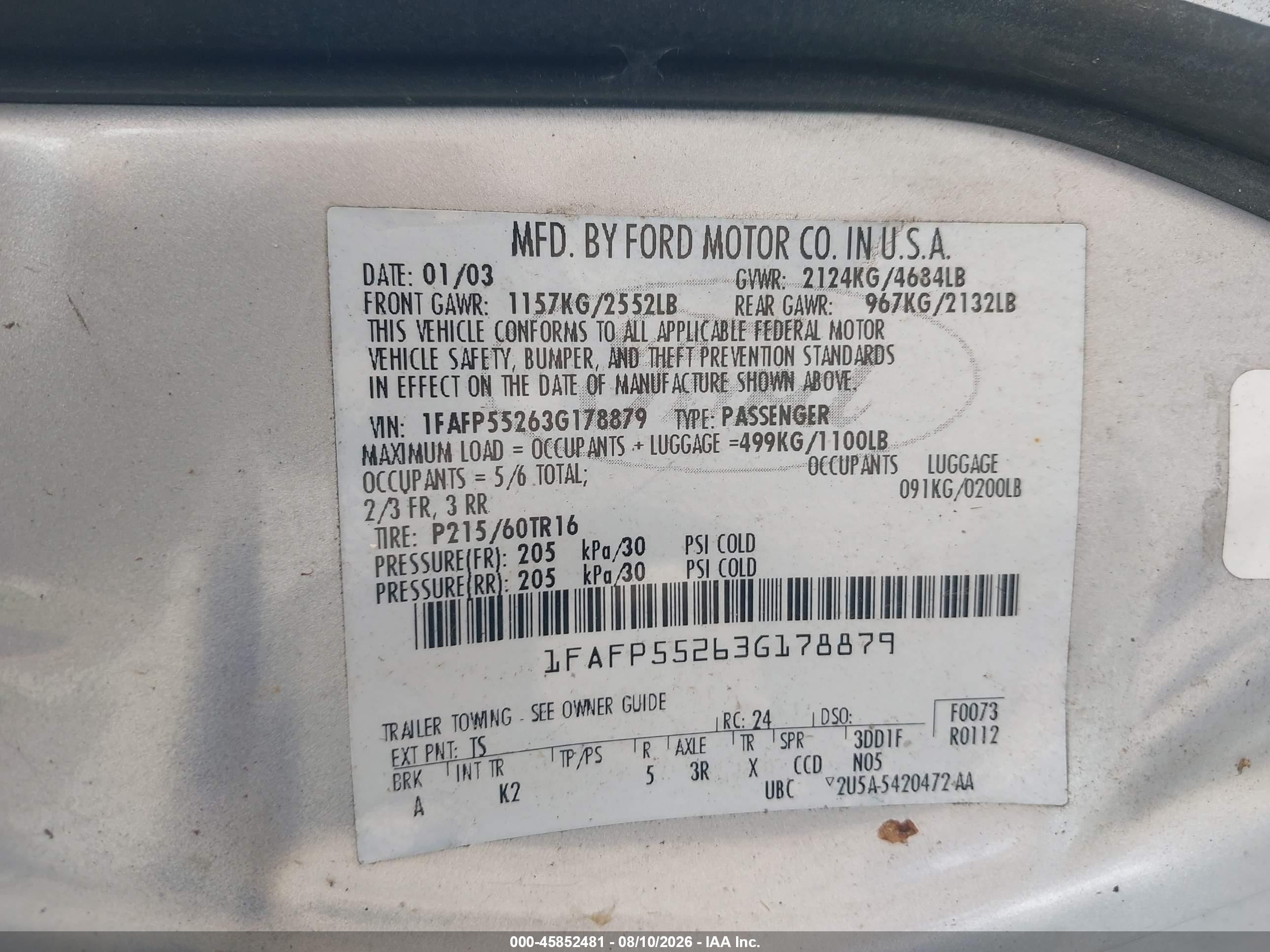 2003 Ford Taurus Ses Серебряный vin: 1FAFP55263G178879