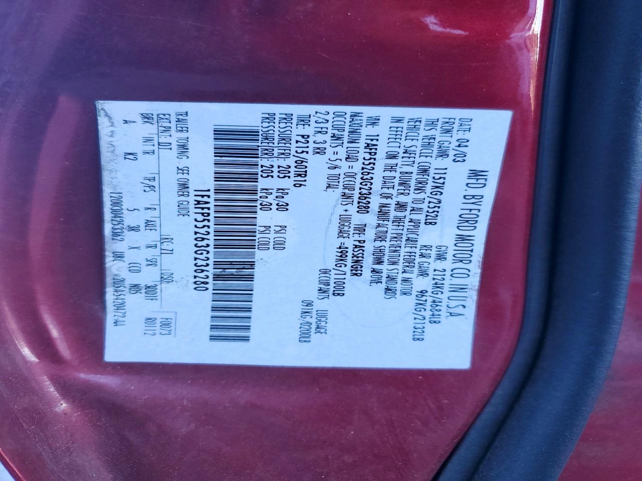 2003 Ford Taurus Ses Burgundy vin: 1FAFP55263G236280