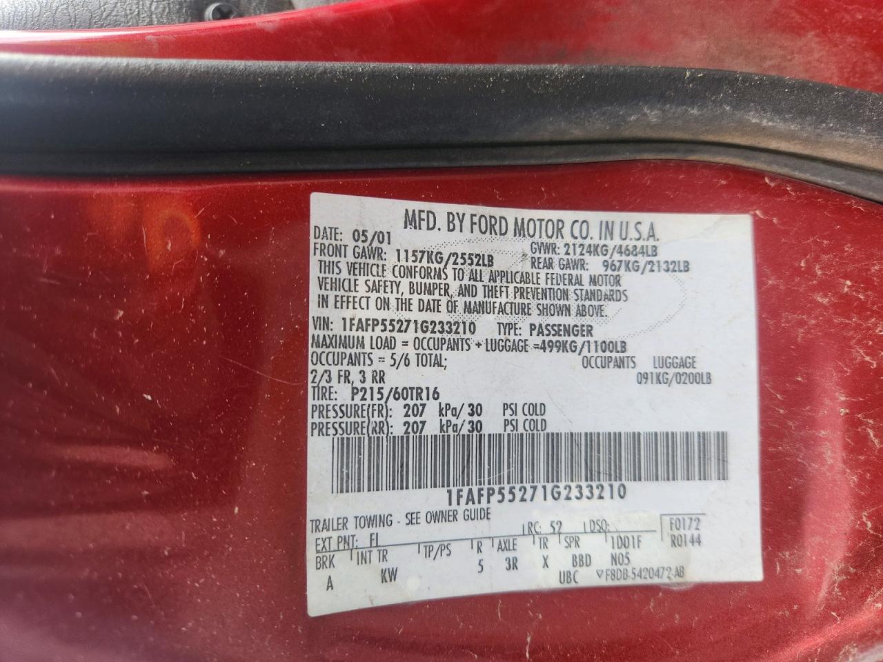 2001 Ford Taurus Ses Burgundy vin: 1FAFP55271G233210