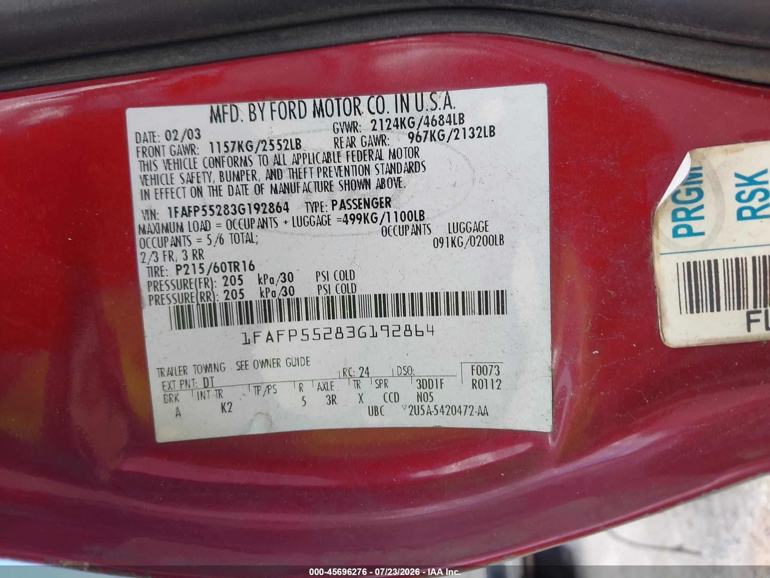 2003 Ford Taurus Ses Red vin: 1FAFP55283G192864