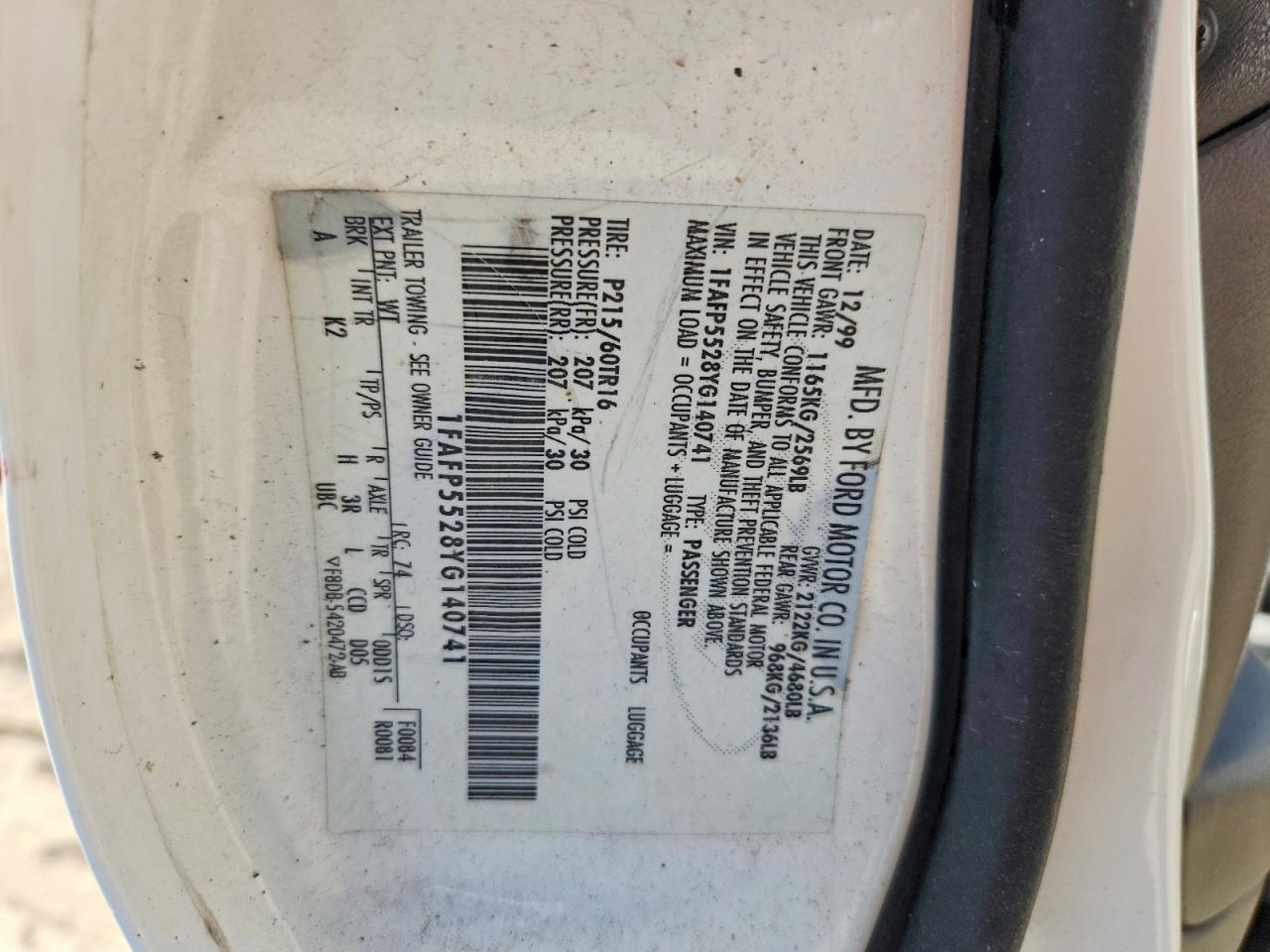 2000 Ford Taurus Ses White vin: 1FAFP5528YG140741