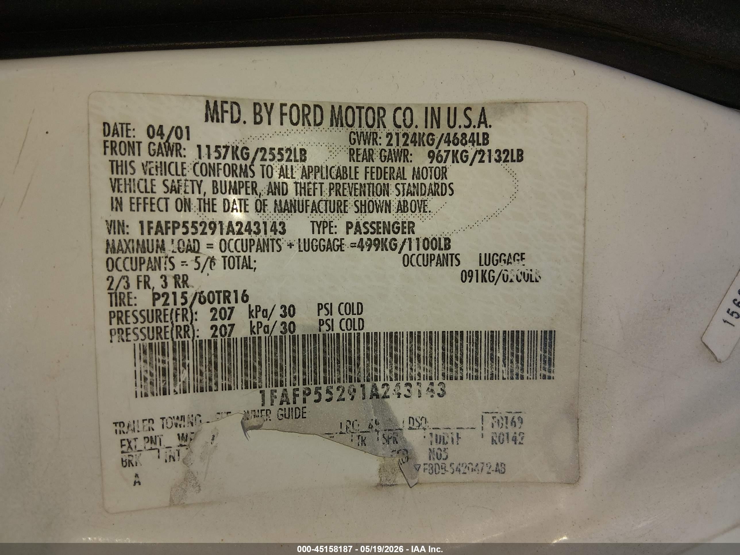 2001 Ford Taurus Ses White vin: 1FAFP55291A243143