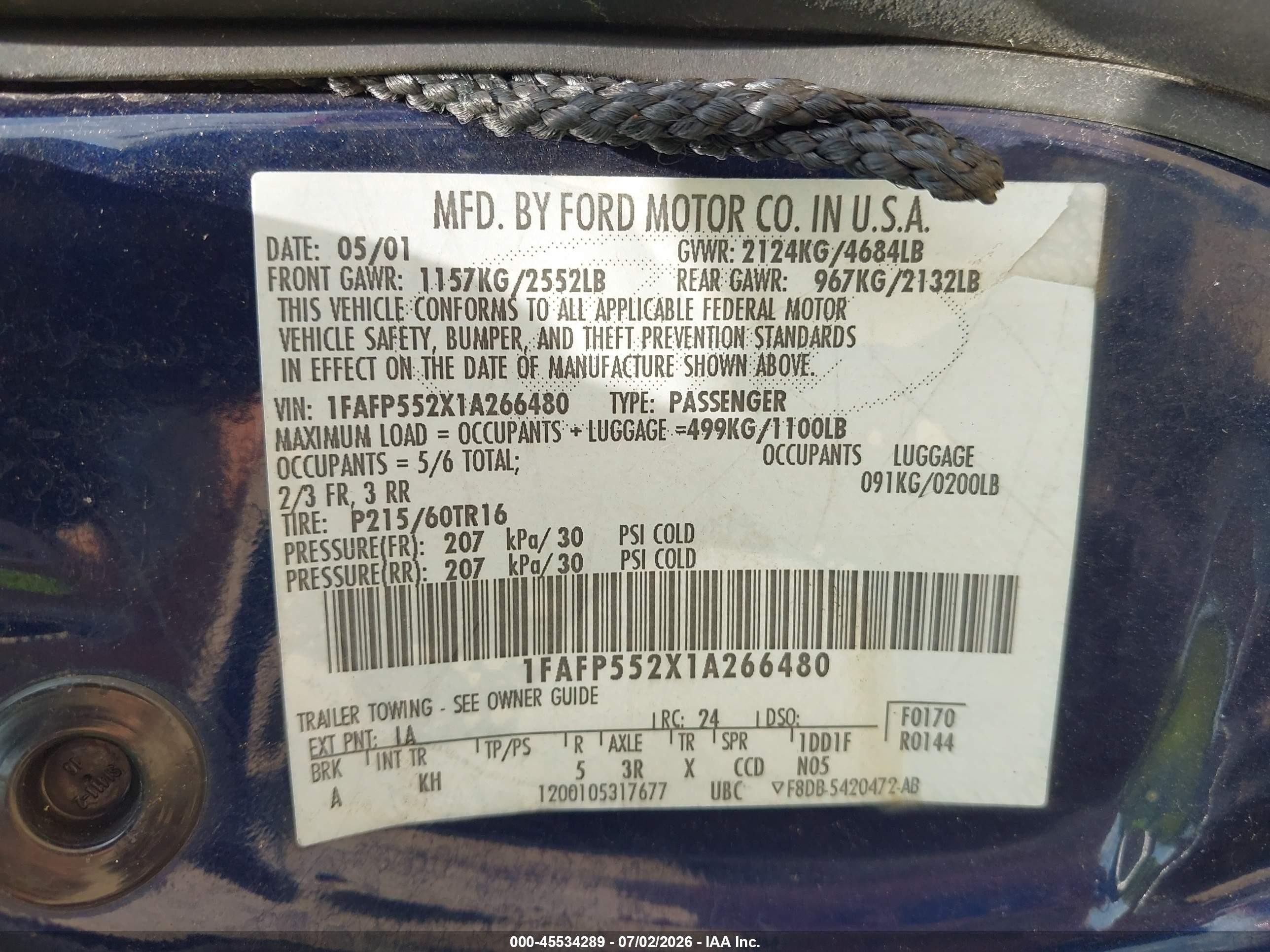 2001 Ford Taurus Ses Blue vin: 1FAFP552X1A266480