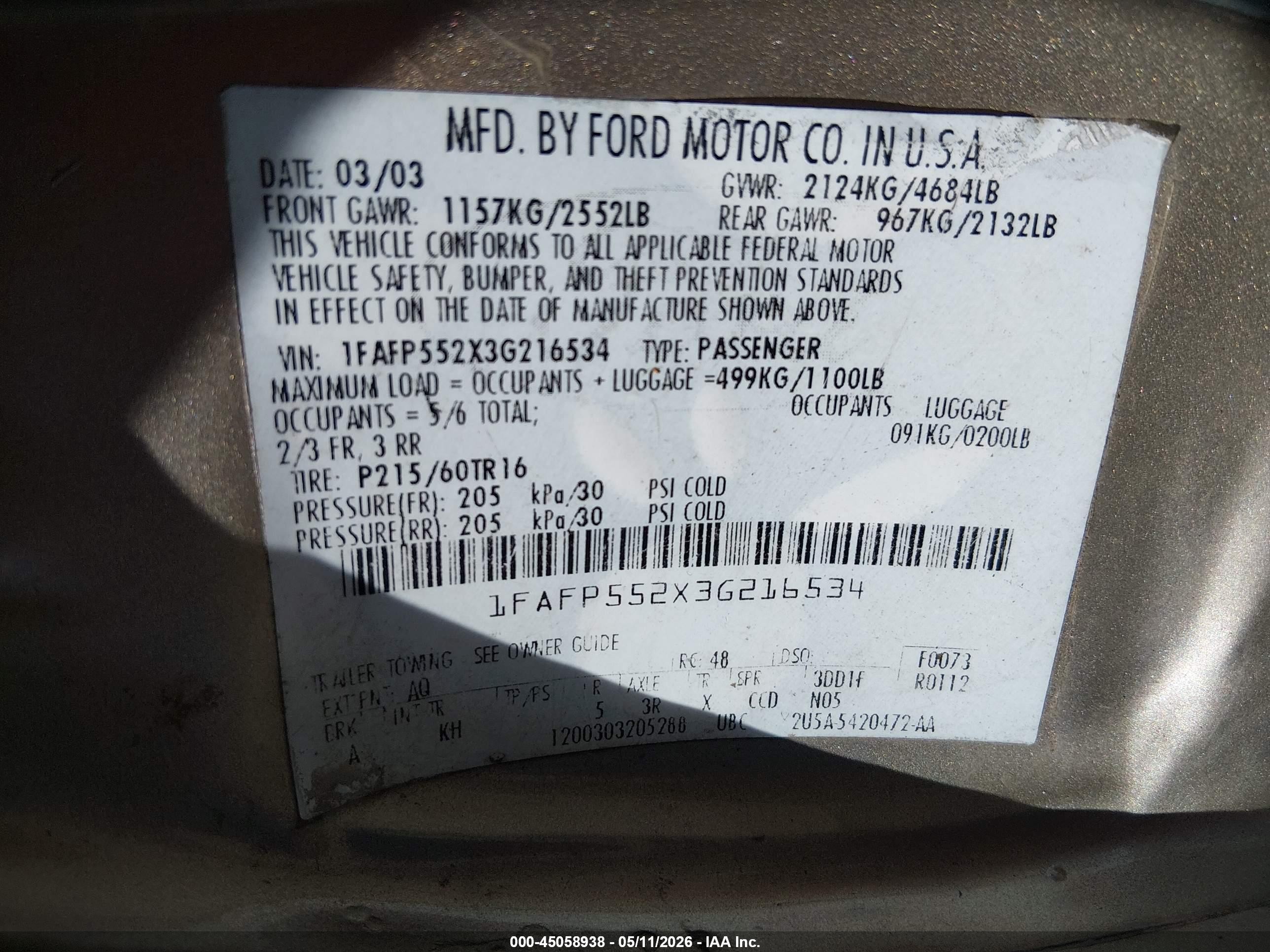 2003 Ford Taurus Ses Gold vin: 1FAFP552X3G216534