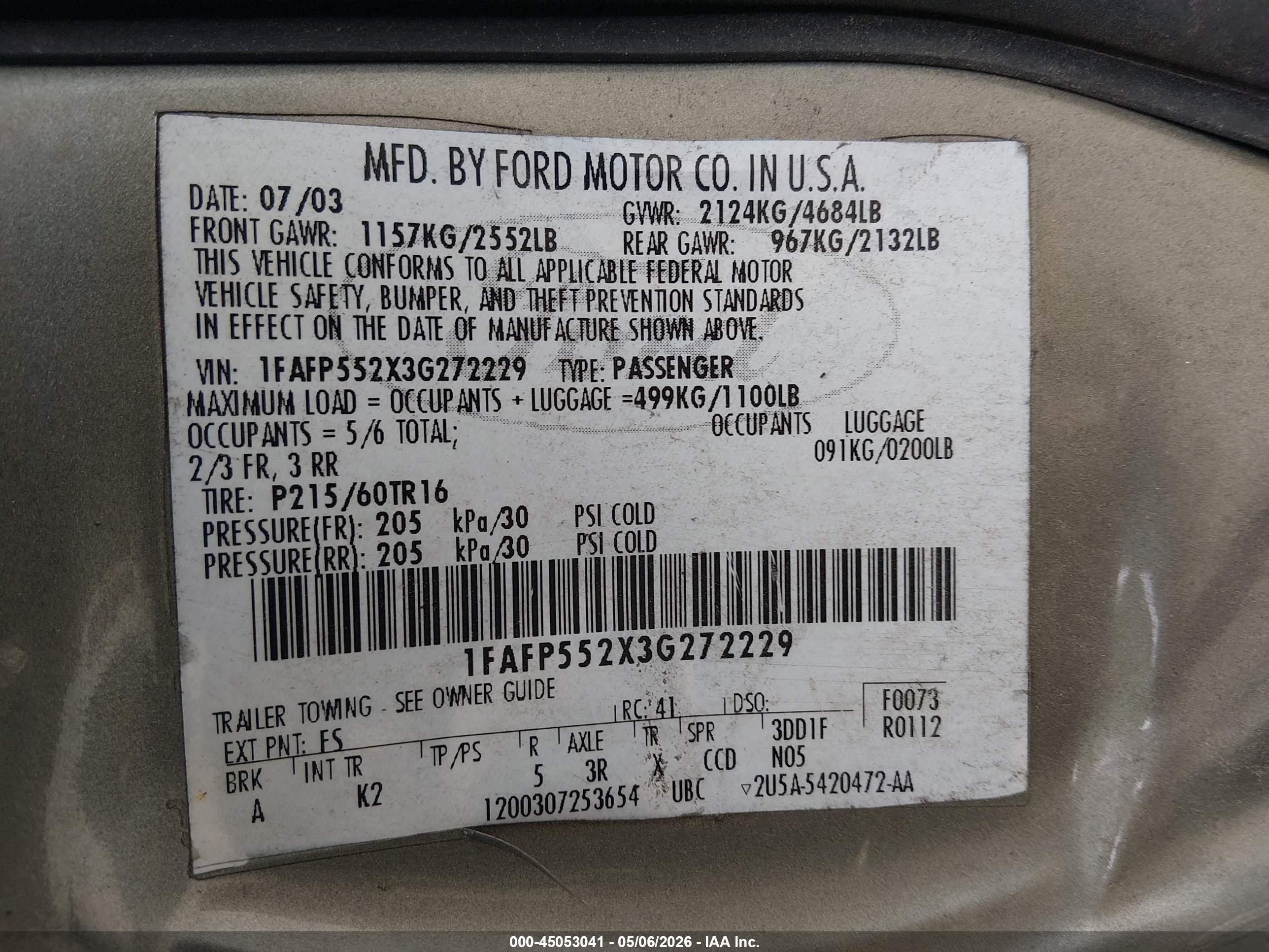 2003 Ford Taurus Ses Gray vin: 1FAFP552X3G272229