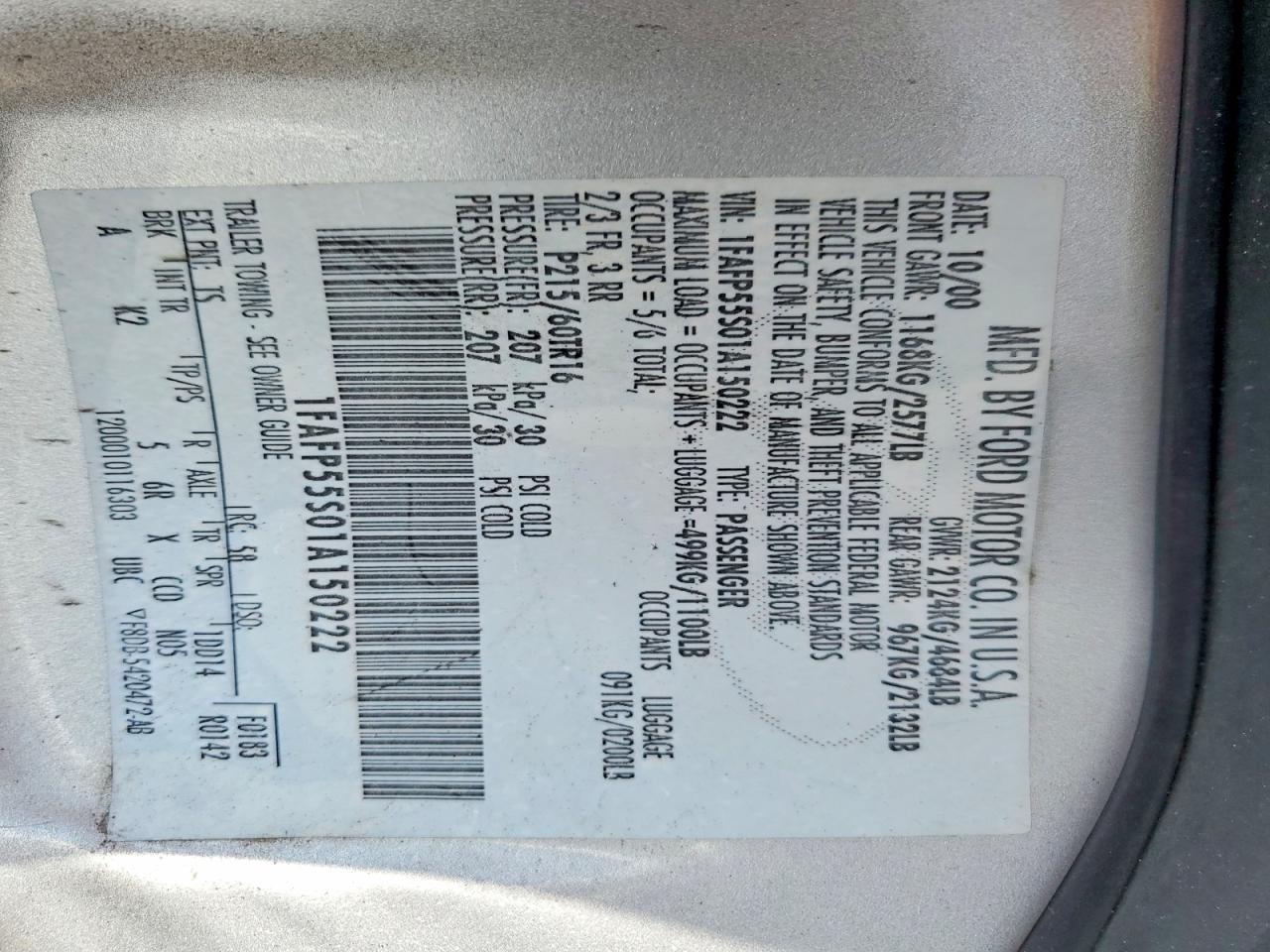 2001 Ford Taurus Ses Silver vin: 1FAFP55S01A150222