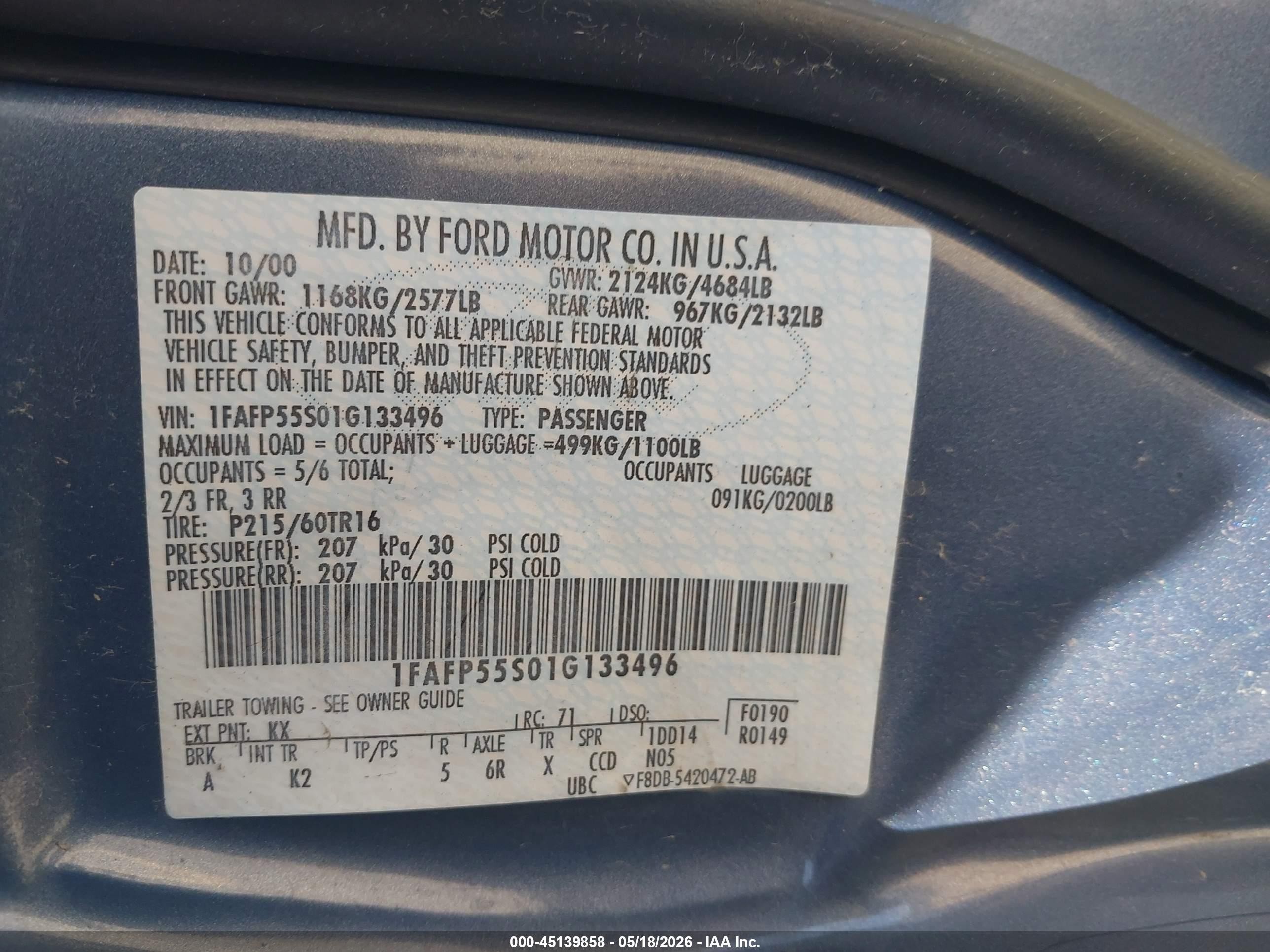 2001 Ford Taurus Ses Синий vin: 1FAFP55S01G133496