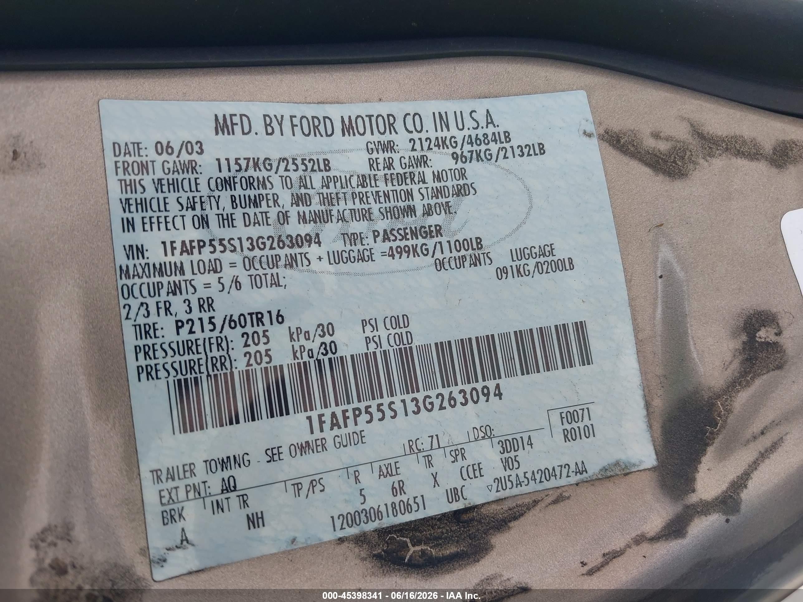 2003 Ford Taurus Ses Gold vin: 1FAFP55S13G263094