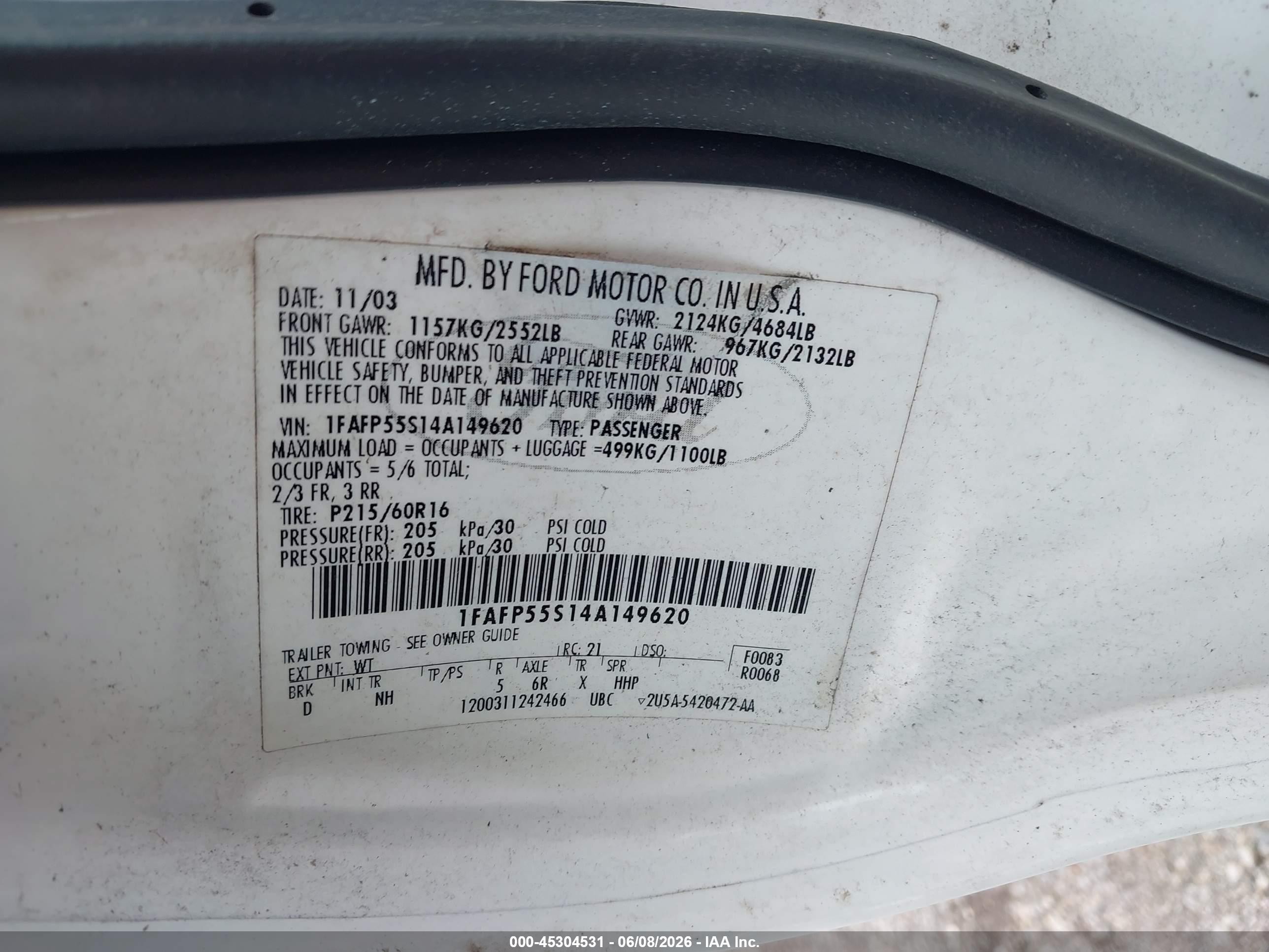2004 Ford Taurus Ses White vin: 1FAFP55S14A149620