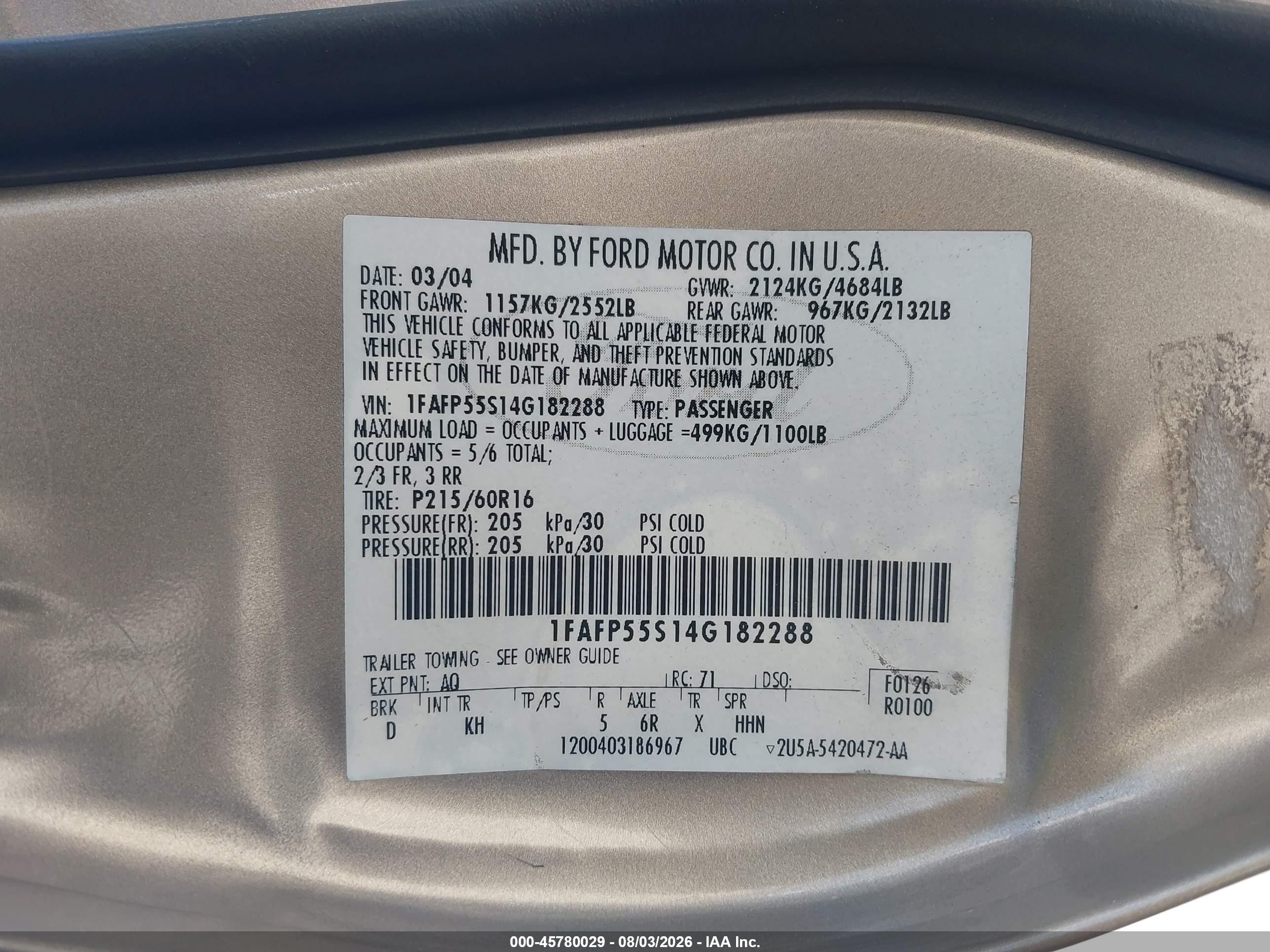 2004 Ford Taurus Ses Beige vin: 1FAFP55S14G182288