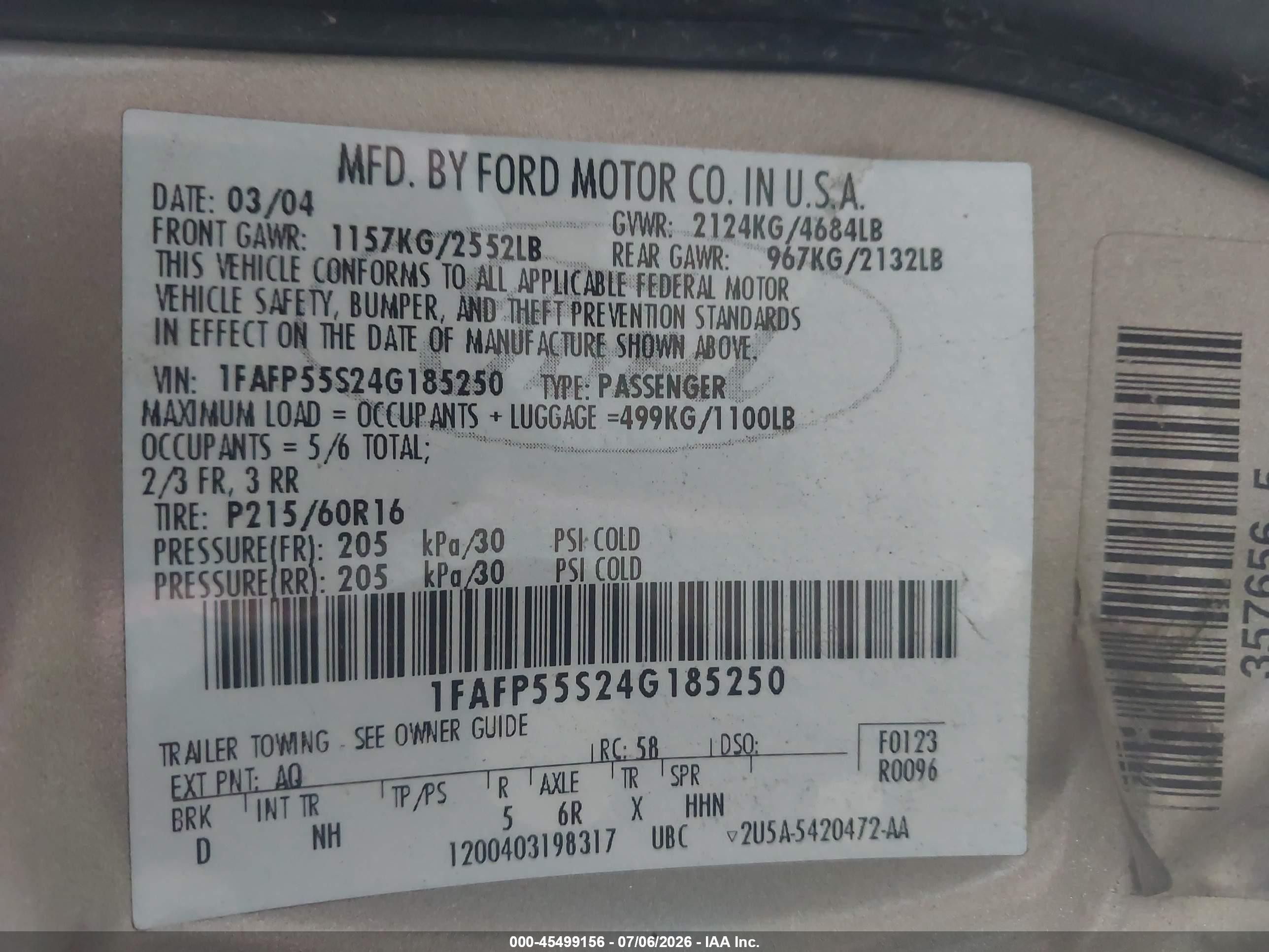2004 Ford Taurus Ses Gold vin: 1FAFP55S24G185250