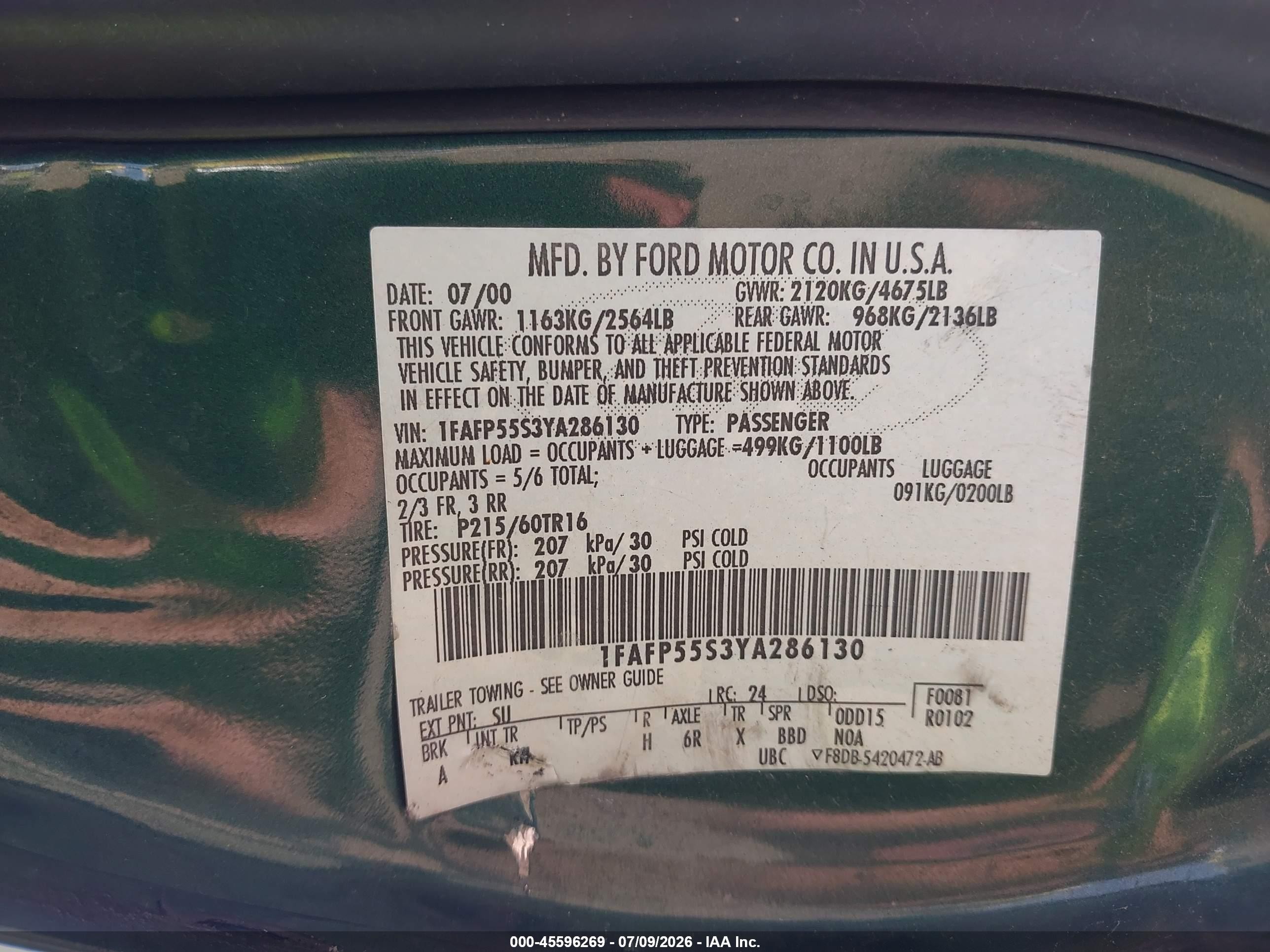 2000 Ford Taurus Ses Green vin: 1FAFP55S3YA286130