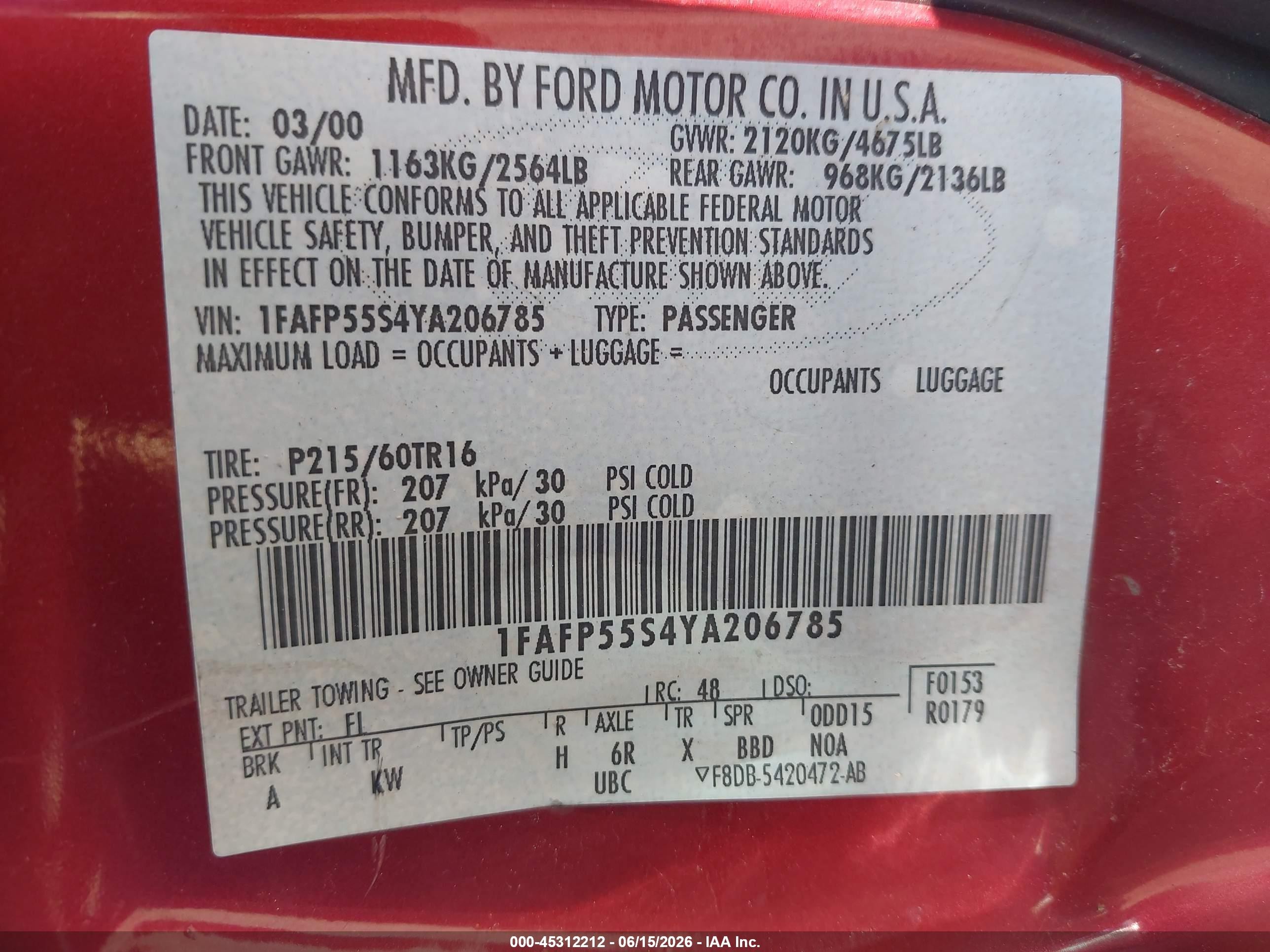 2000 Ford Taurus Ses Burgundy vin: 1FAFP55S4YA206785