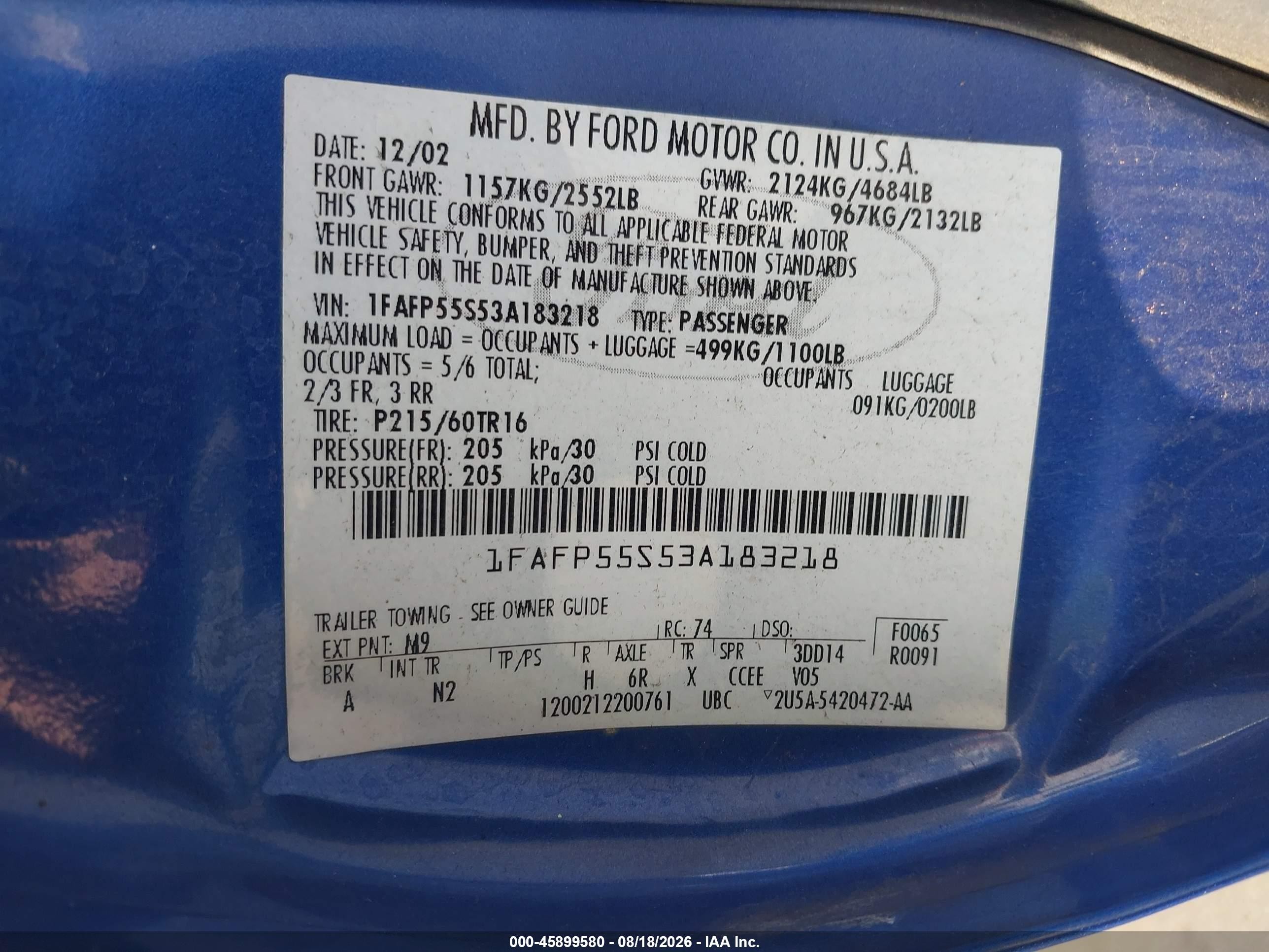 2003 Ford Taurus Ses Blue vin: 1FAFP55S53A183218