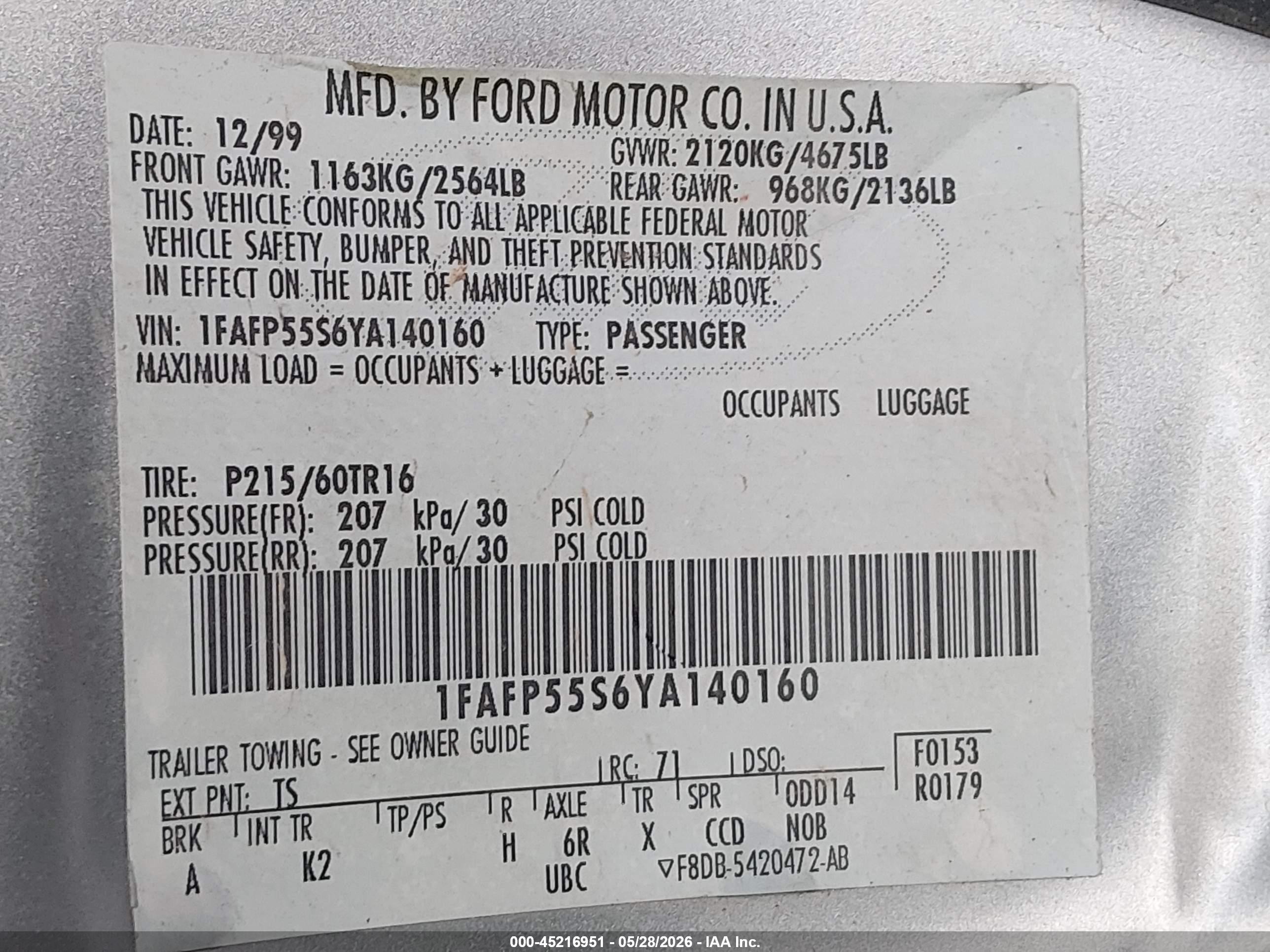 2000 Ford Taurus Ses Silver vin: 1FAFP55S6YA140160