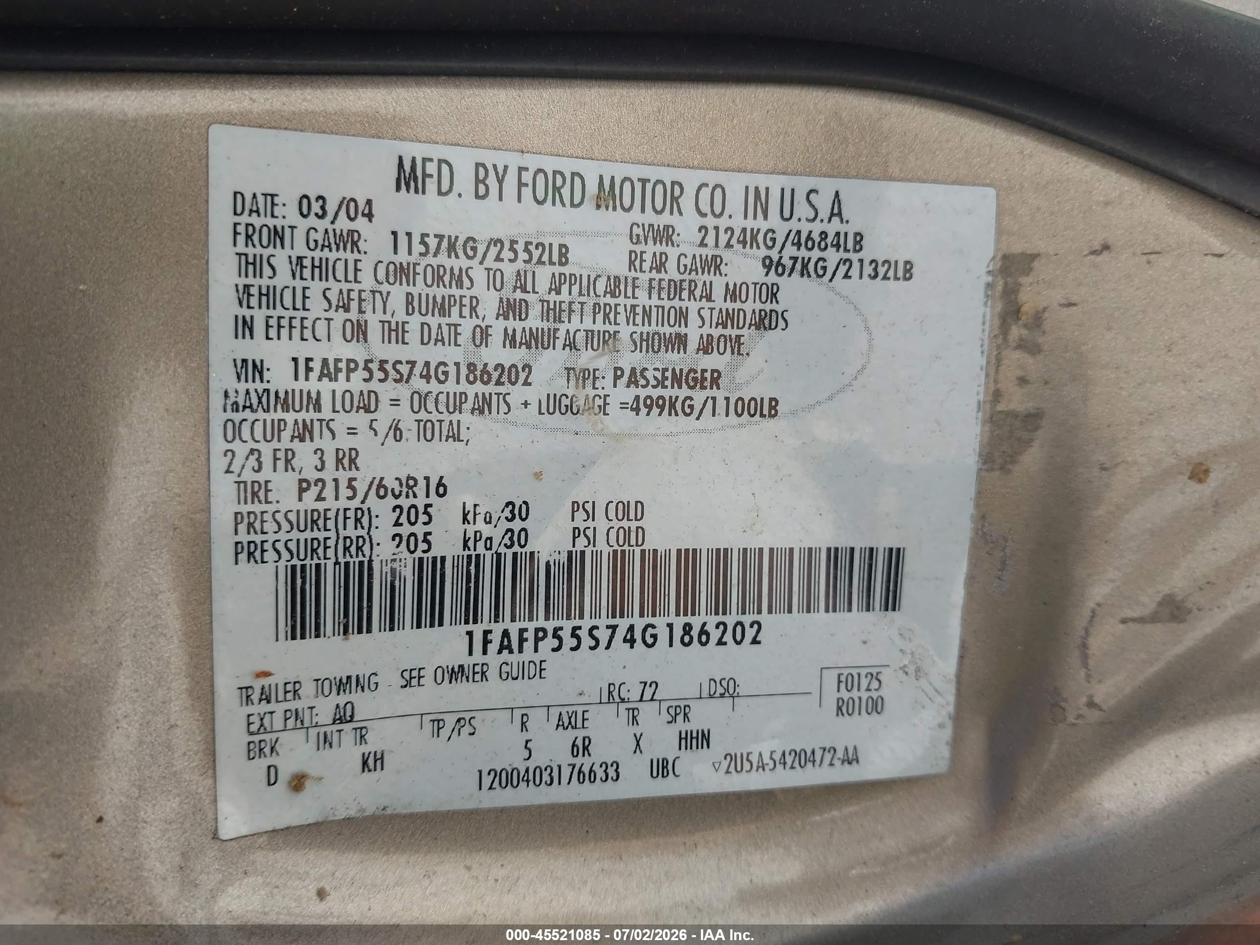 2004 Ford Taurus Ses Gold vin: 1FAFP55S74G186202