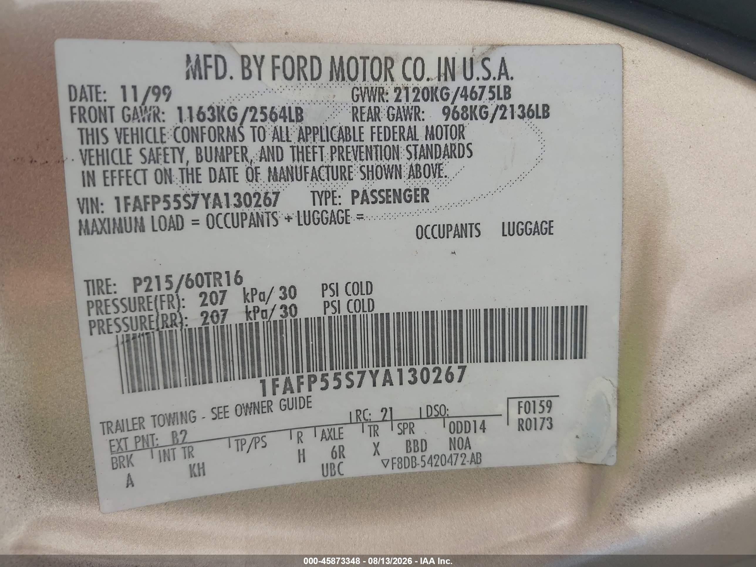 2000 Ford Taurus Ses Beige vin: 1FAFP55S7YA130267