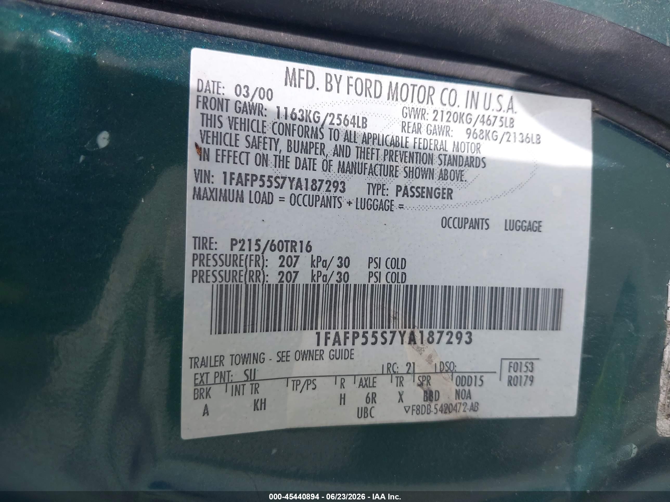 2000 Ford Taurus Ses Green vin: 1FAFP55S7YA187293