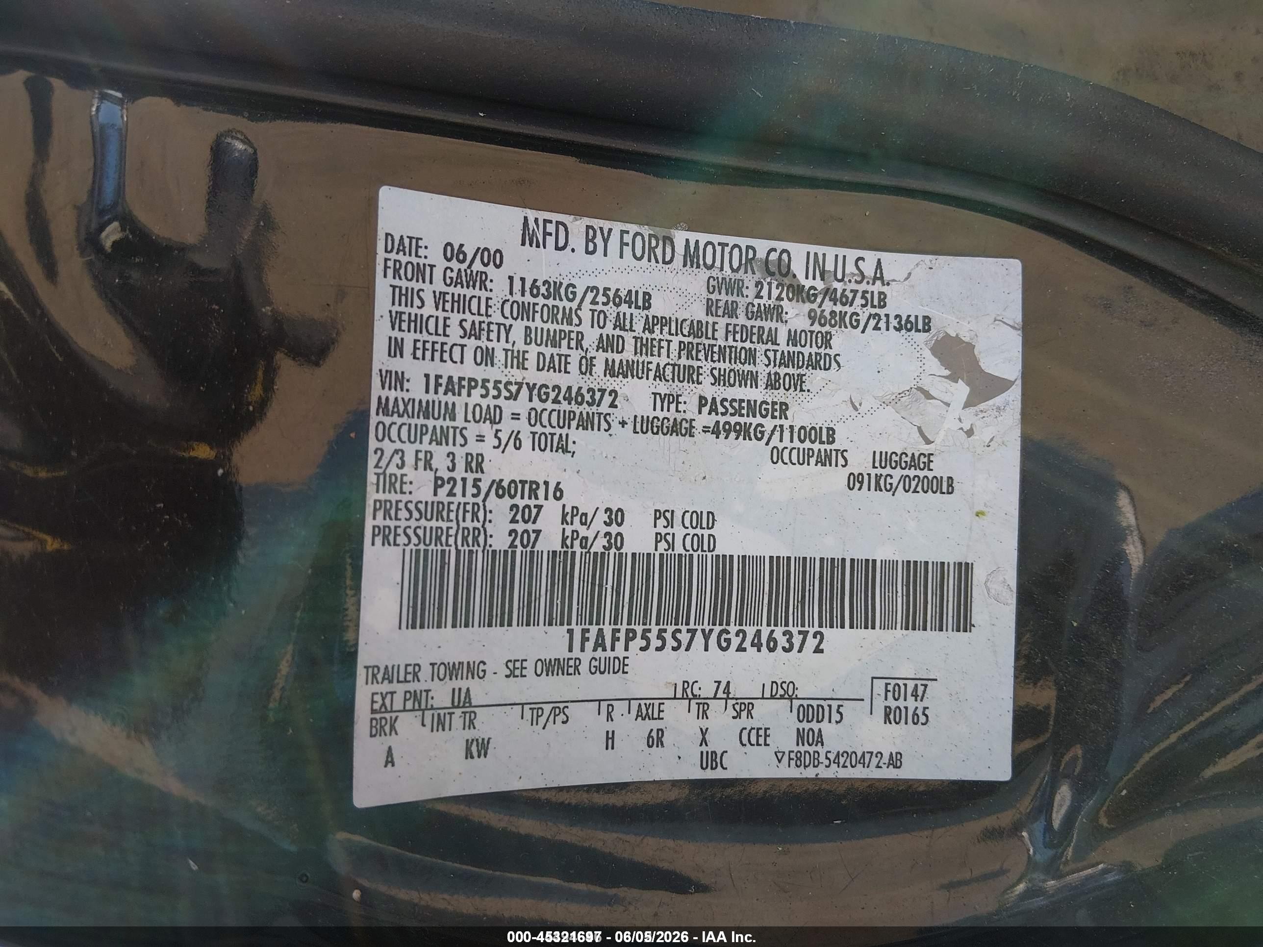 2000 Ford Taurus Ses Black vin: 1FAFP55S7YG246372