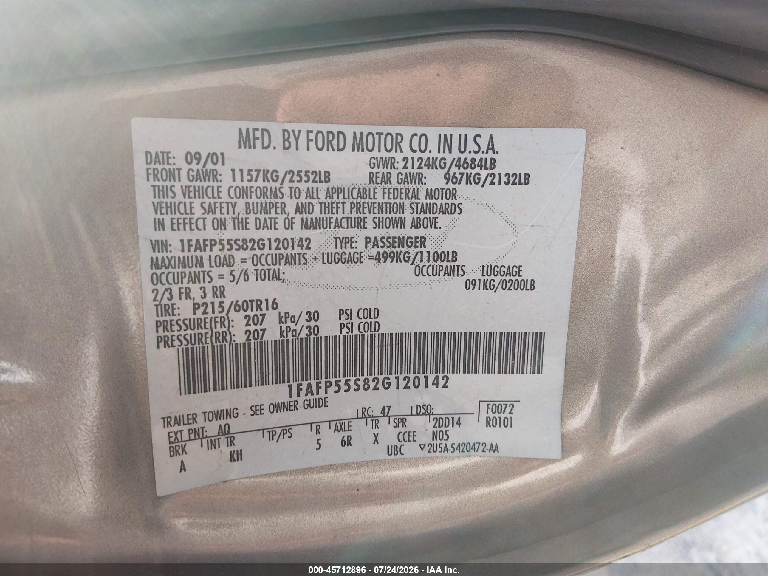 2002 Ford Taurus Ses Золотой vin: 1FAFP55S82G120142