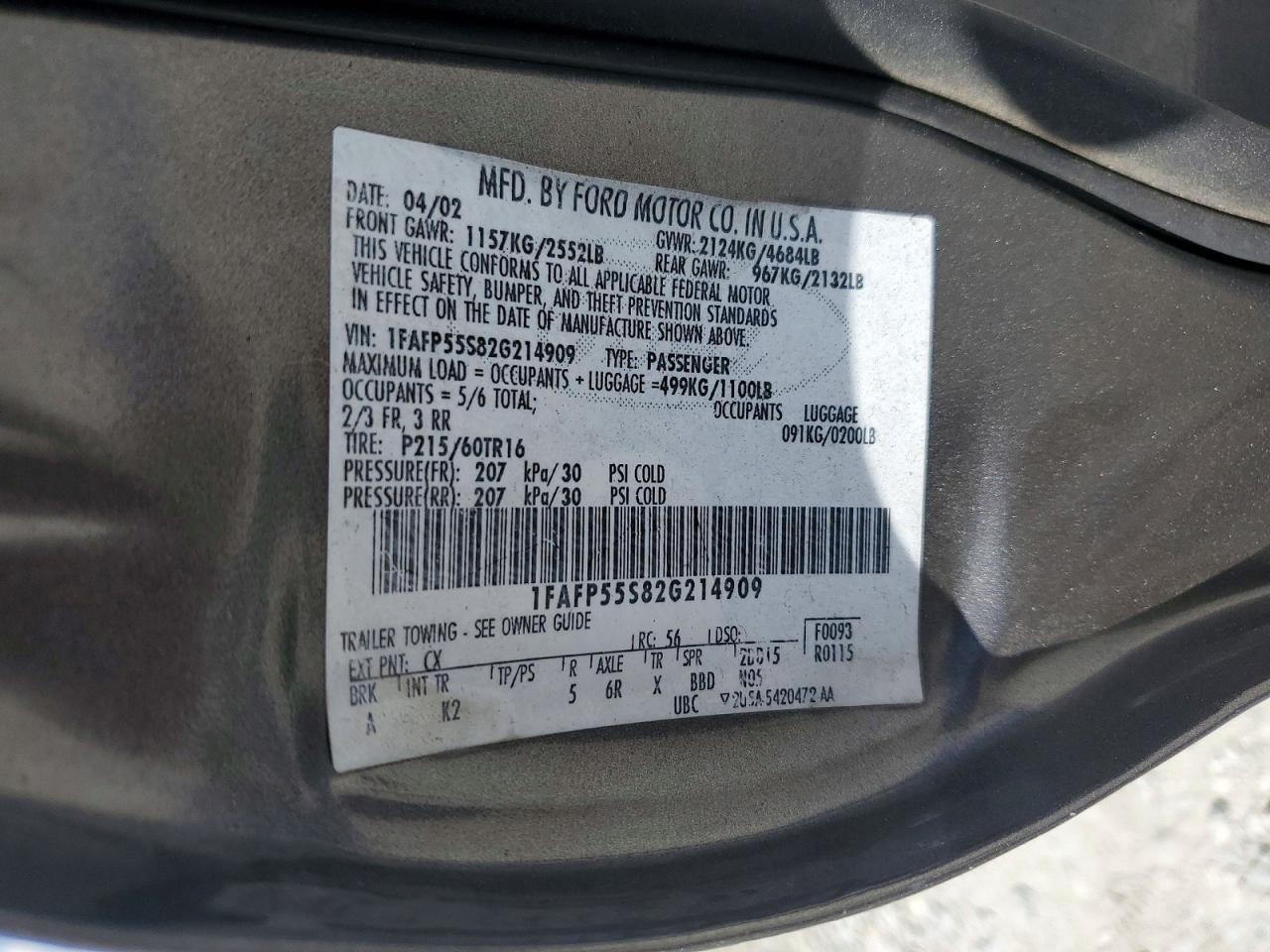 2002 Ford Taurus Ses Gray vin: 1FAFP55S82G214909