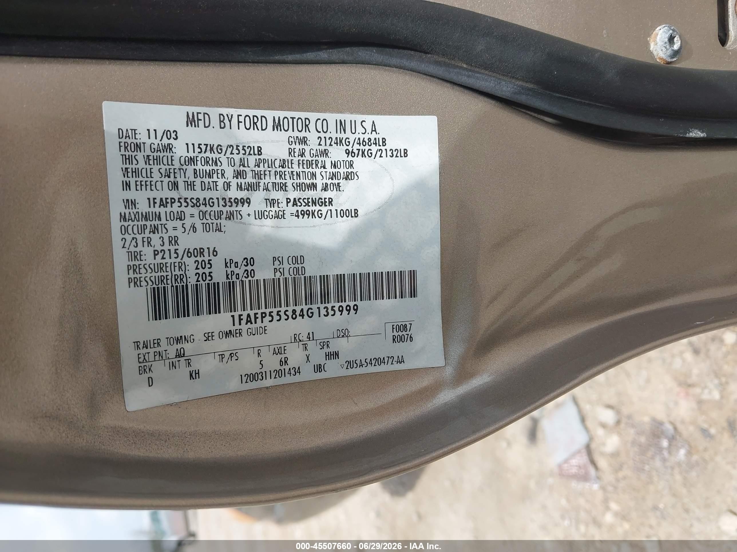 2004 Ford Taurus Ses Tan vin: 1FAFP55S84G135999