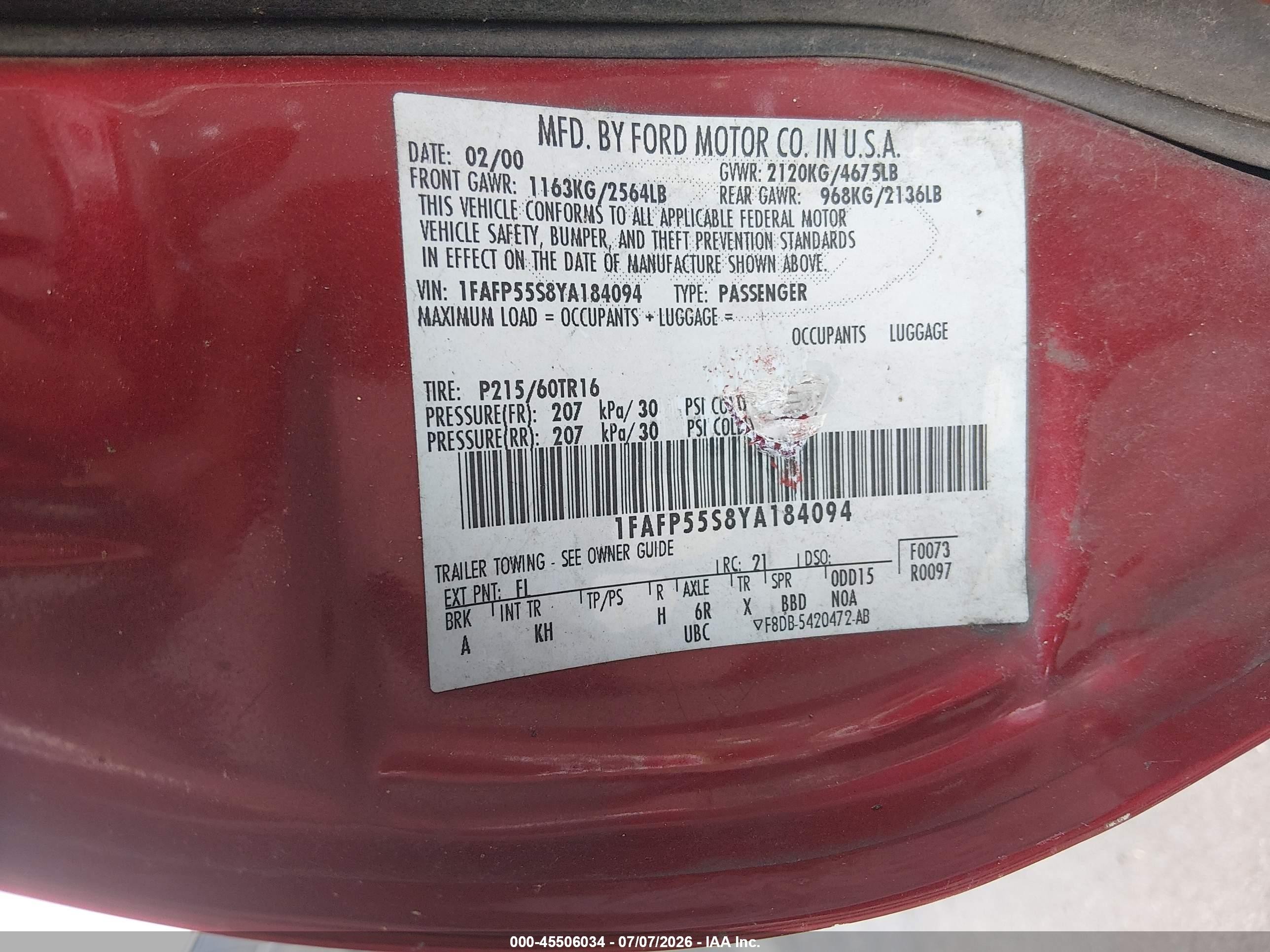 2000 Ford Taurus Ses Red vin: 1FAFP55S8YA184094