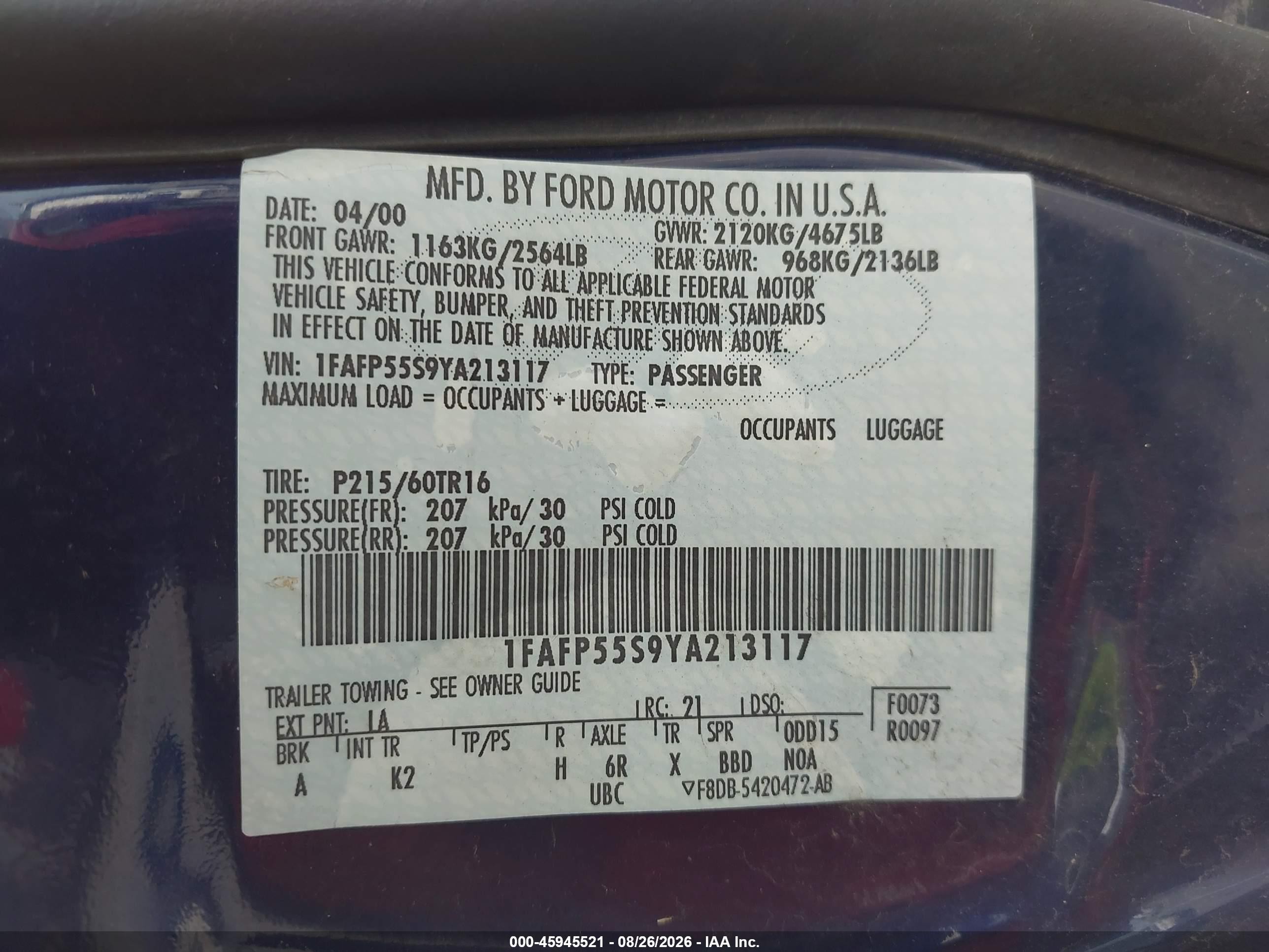 2000 Ford Taurus Ses Navy vin: 1FAFP55S9YA213117