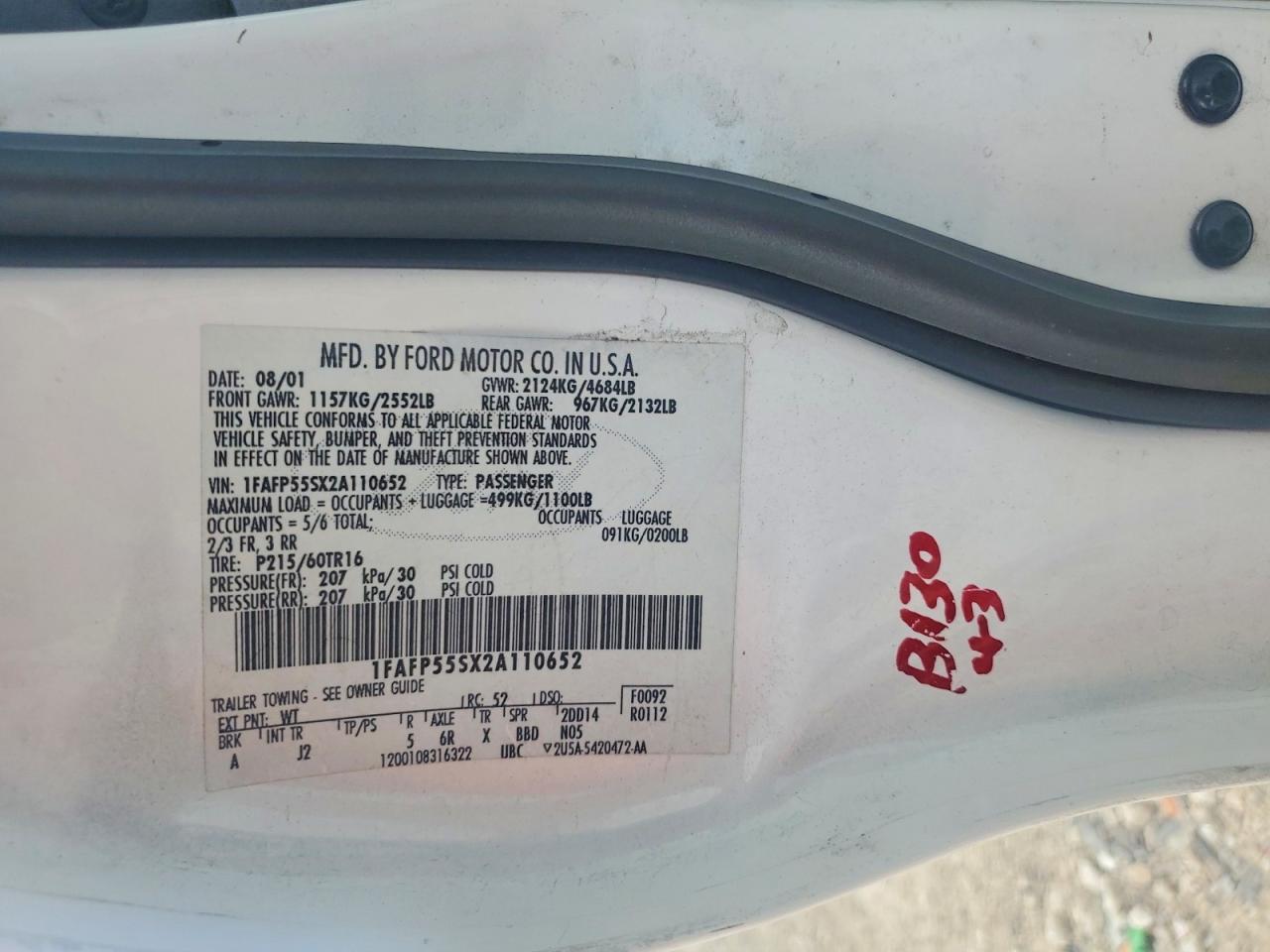 2002 Ford Taurus Ses White vin: 1FAFP55SX2A110652
