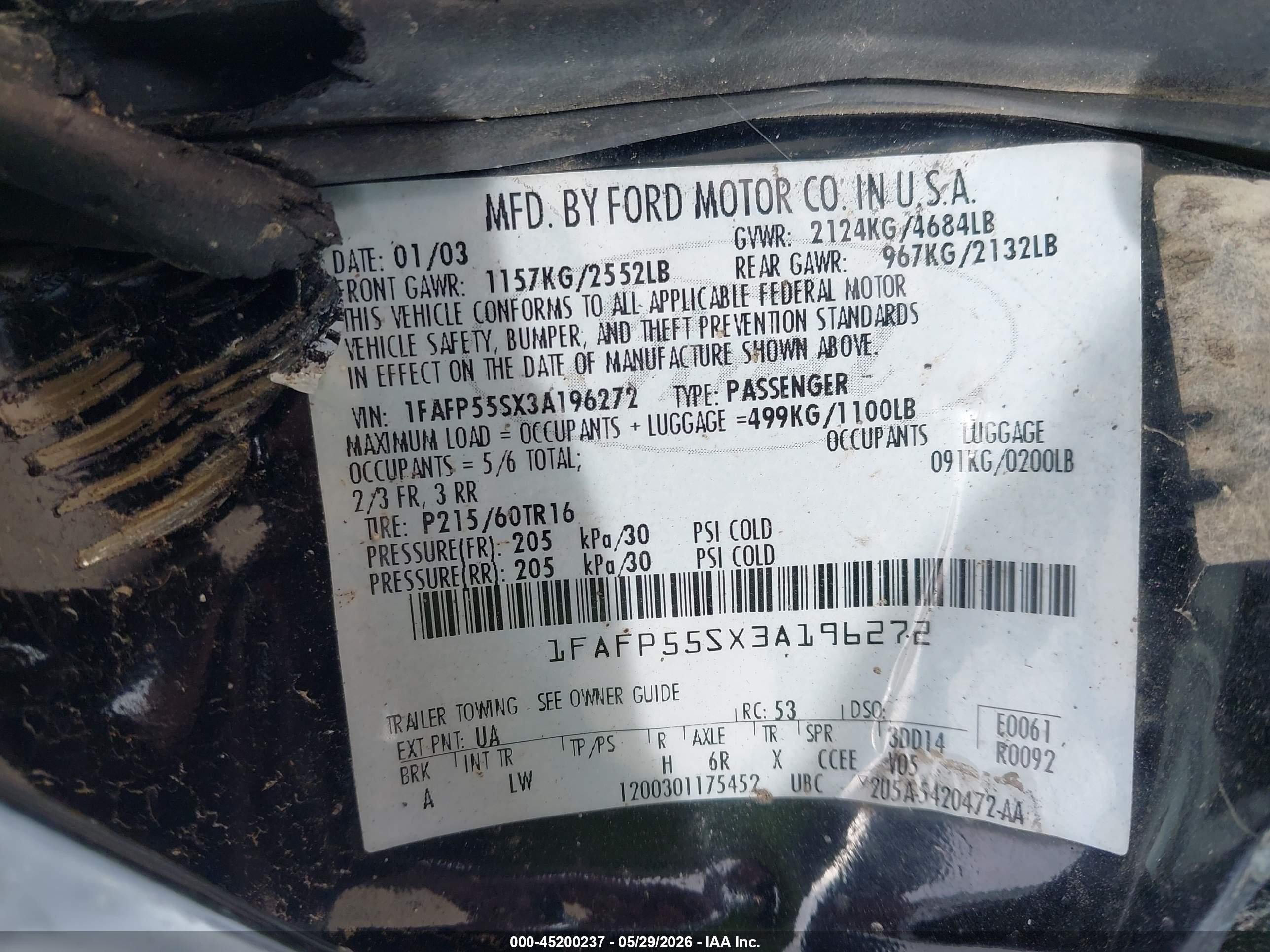 2003 Ford Taurus Ses Black vin: 1FAFP55SX3A196272