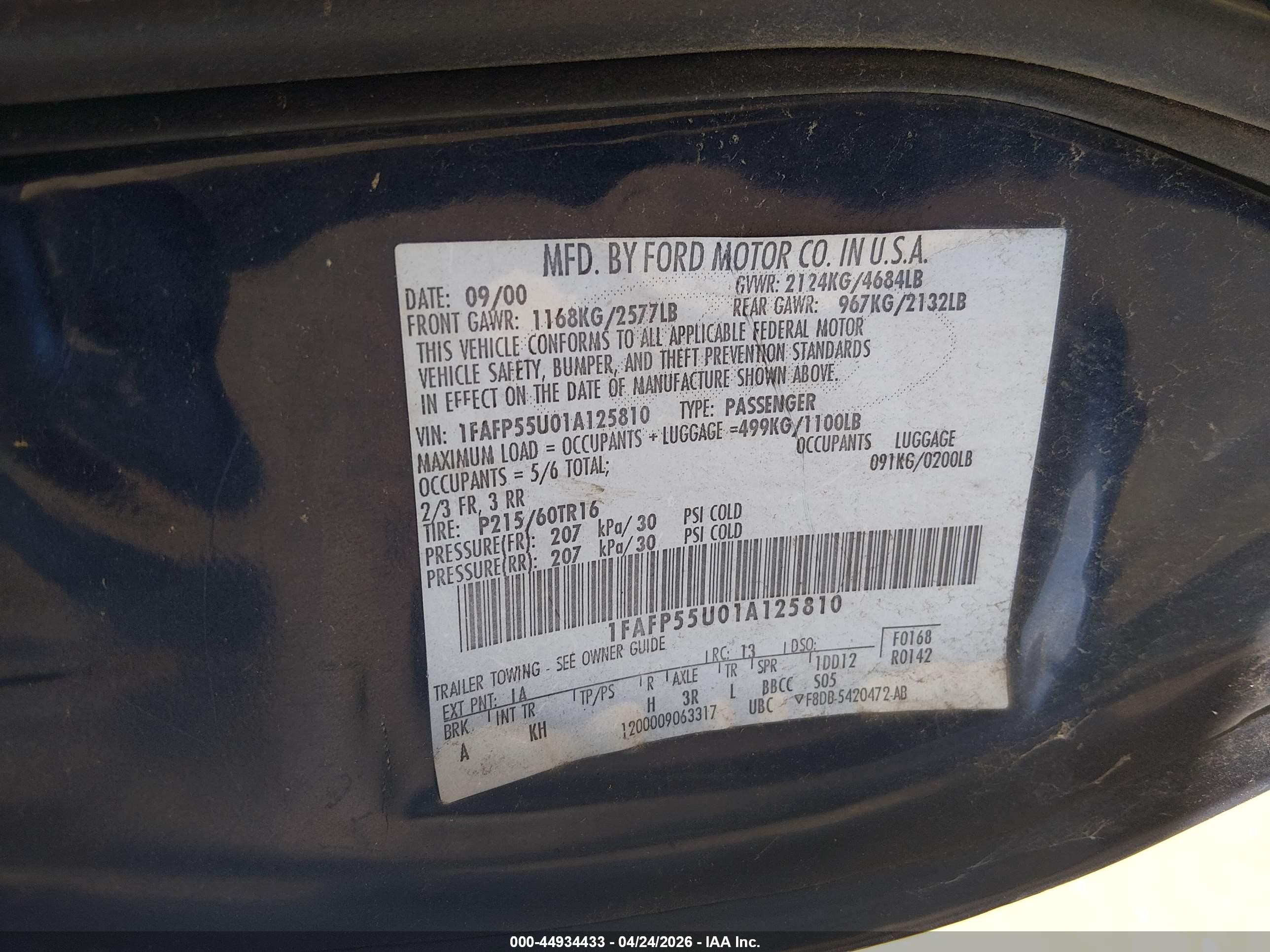 2001 Ford Taurus Ses Blue vin: 1FAFP55U01A125810