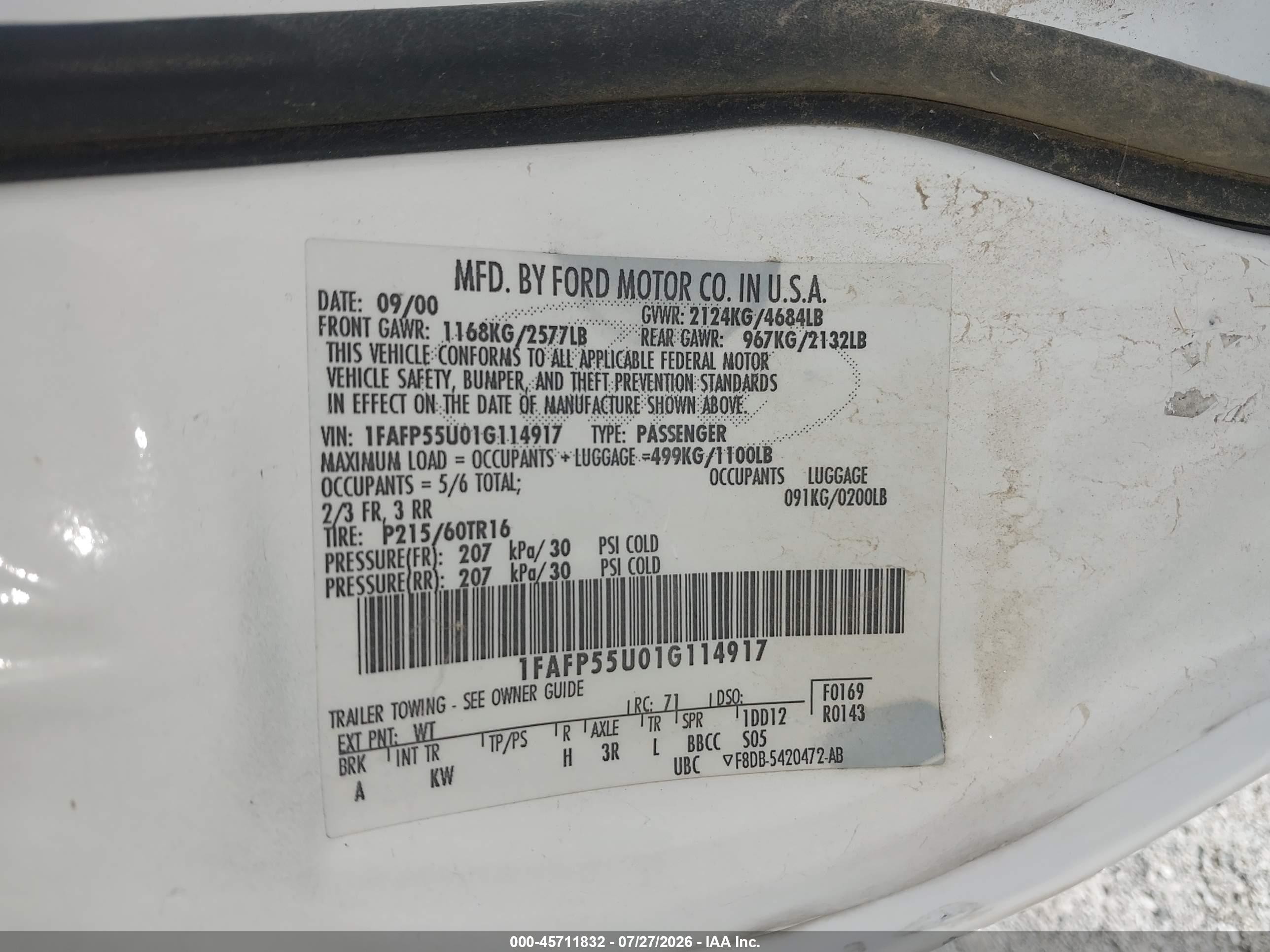 2001 Ford Taurus Ses White vin: 1FAFP55U01G114917