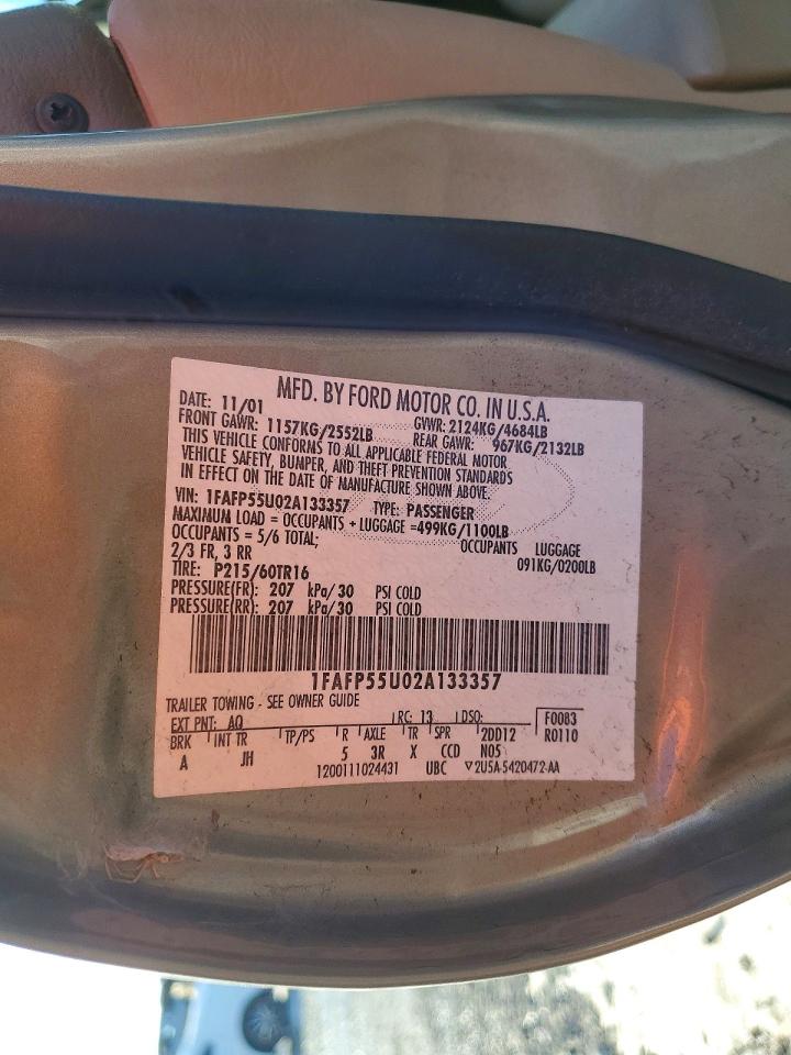 2002 Ford Taurus Ses Beige vin: 1FAFP55U02A133357