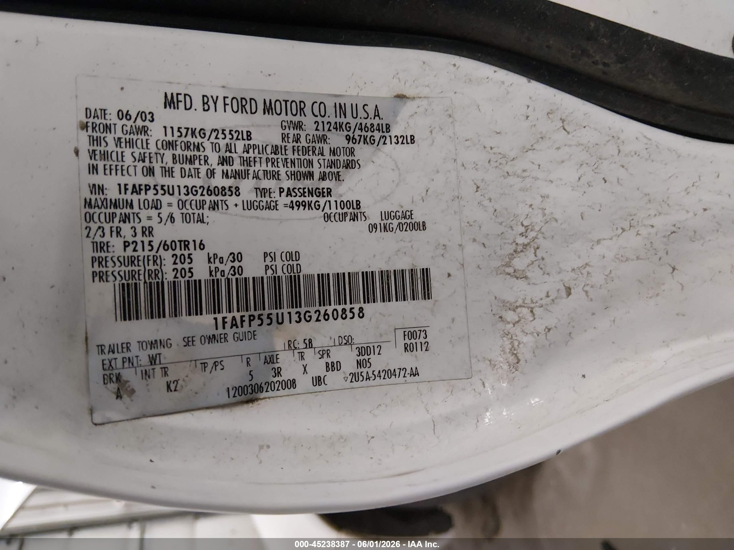 2003 Ford Taurus Ses White vin: 1FAFP55U13G260858