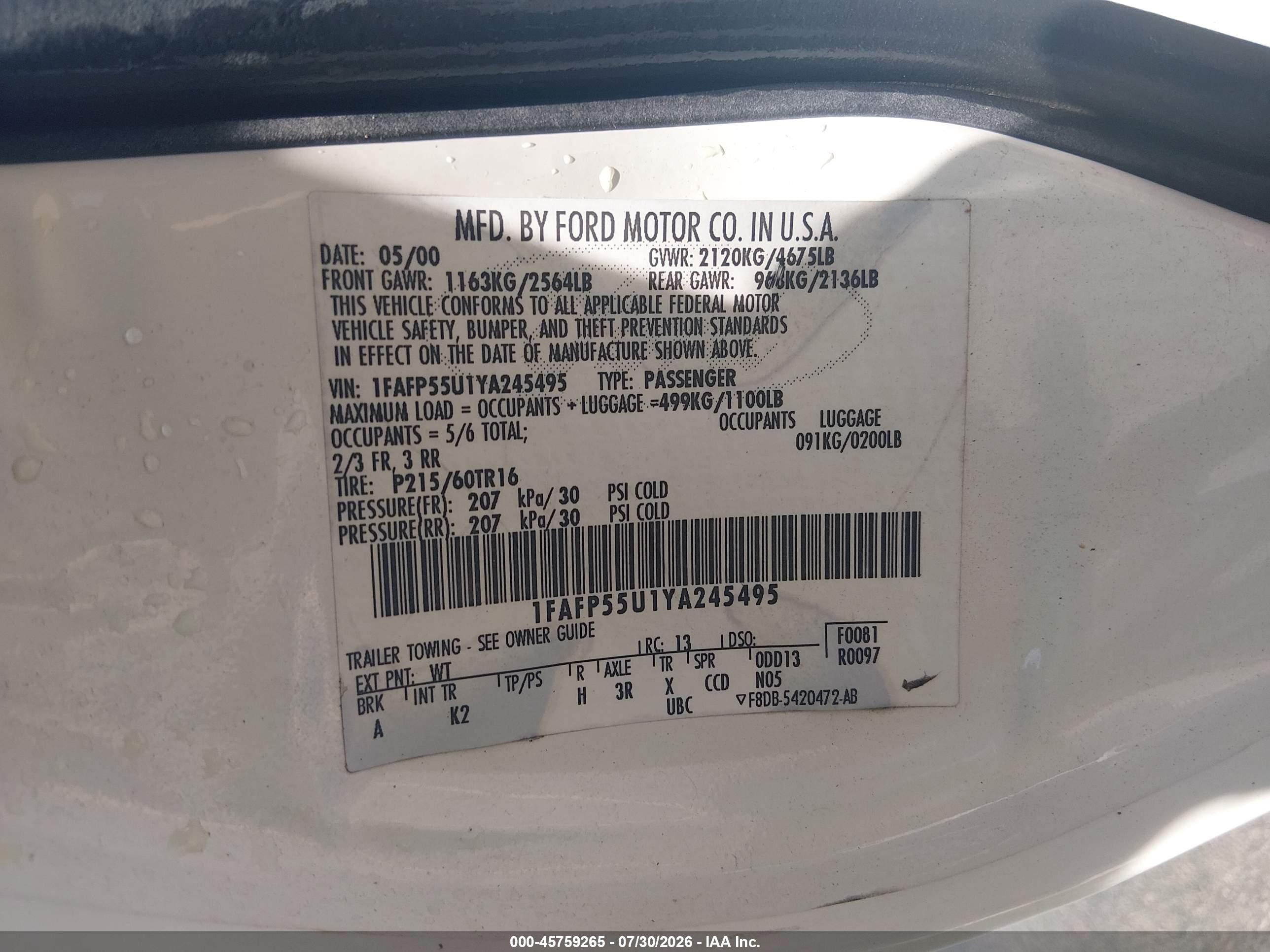 2000 Ford Taurus Ses White vin: 1FAFP55U1YA245495