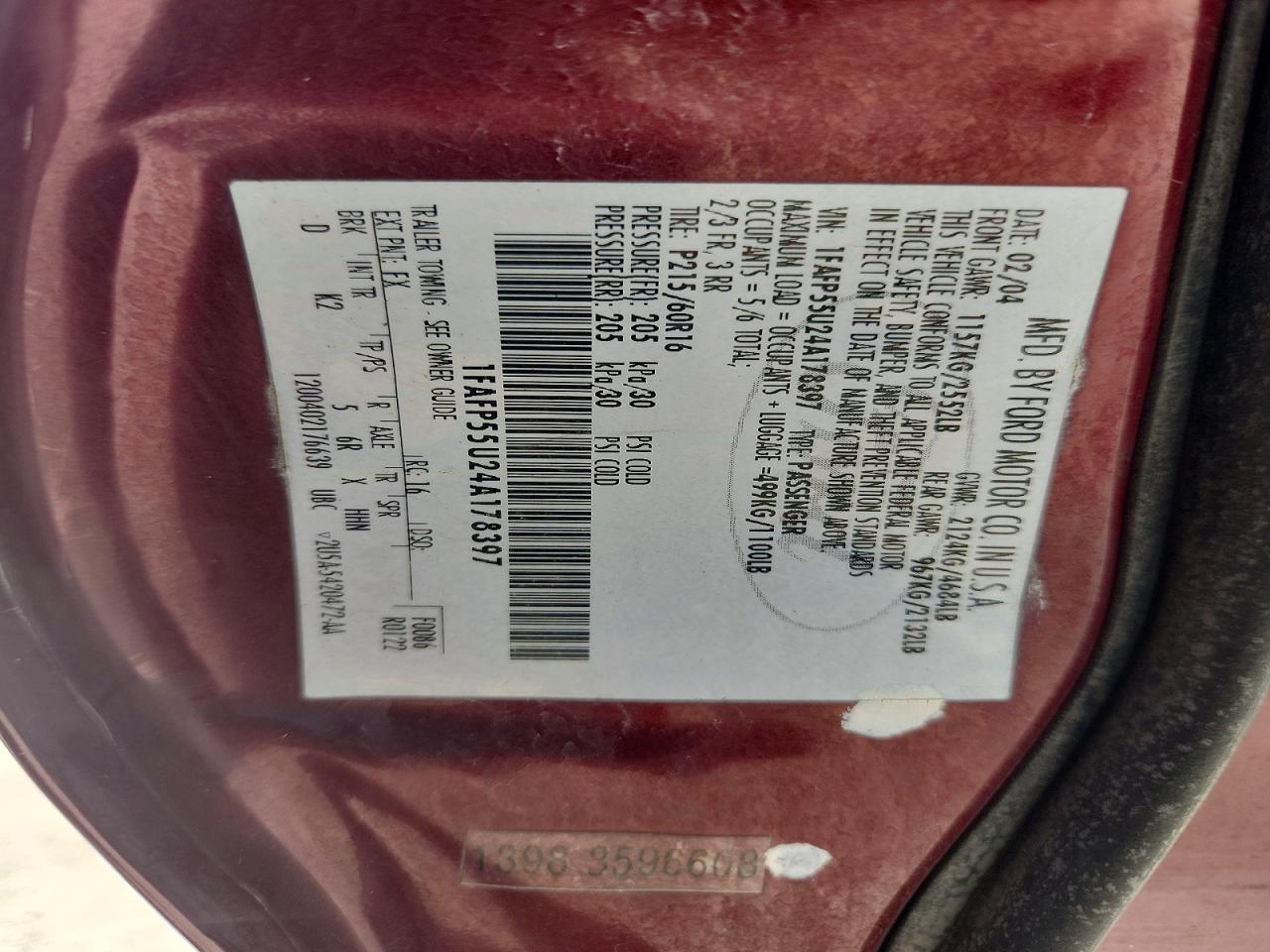 2004 Ford Taurus Ses Burgundy vin: 1FAFP55U24A178397