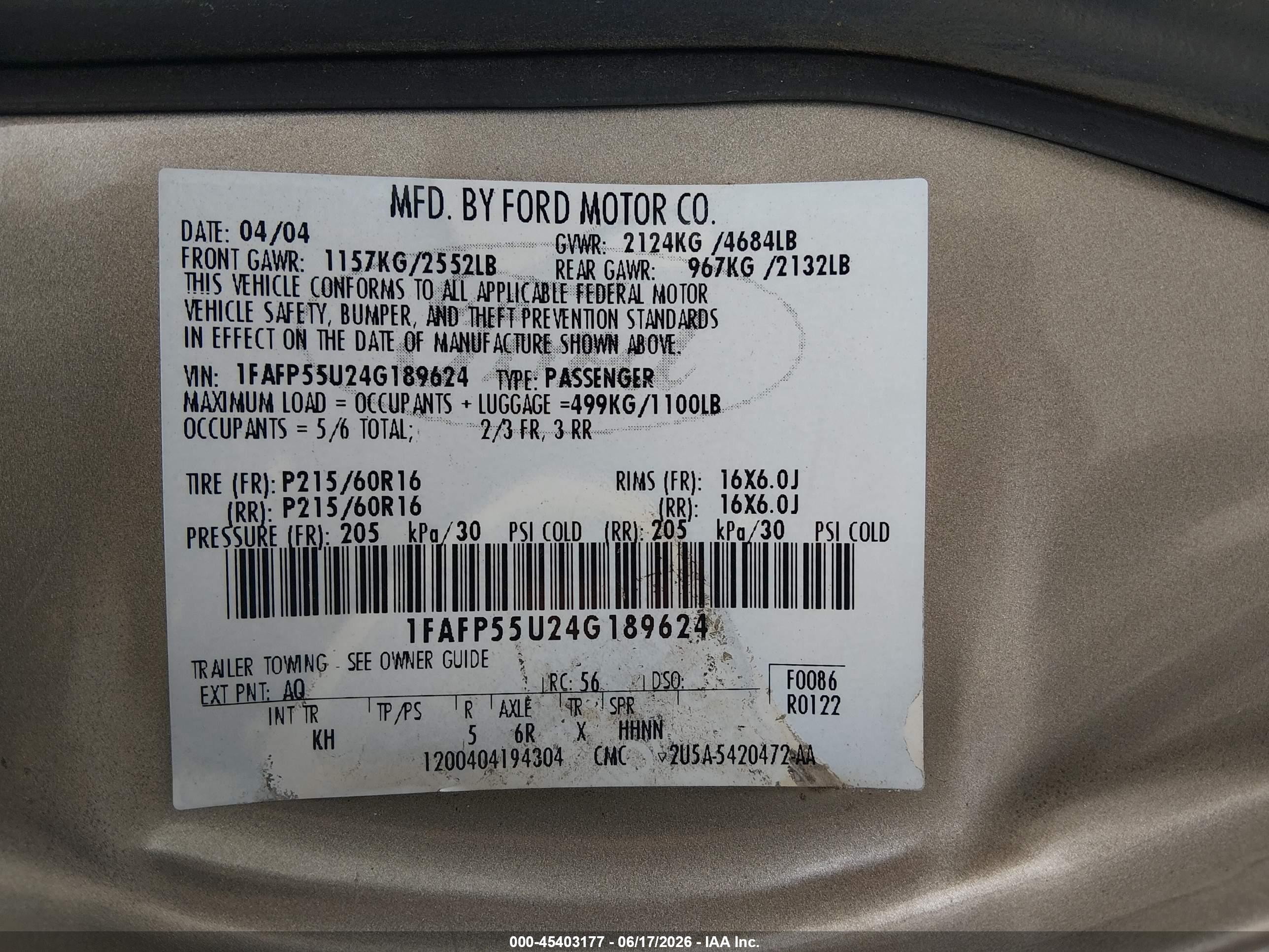 2004 Ford Taurus Ses Gold vin: 1FAFP55U24G189624