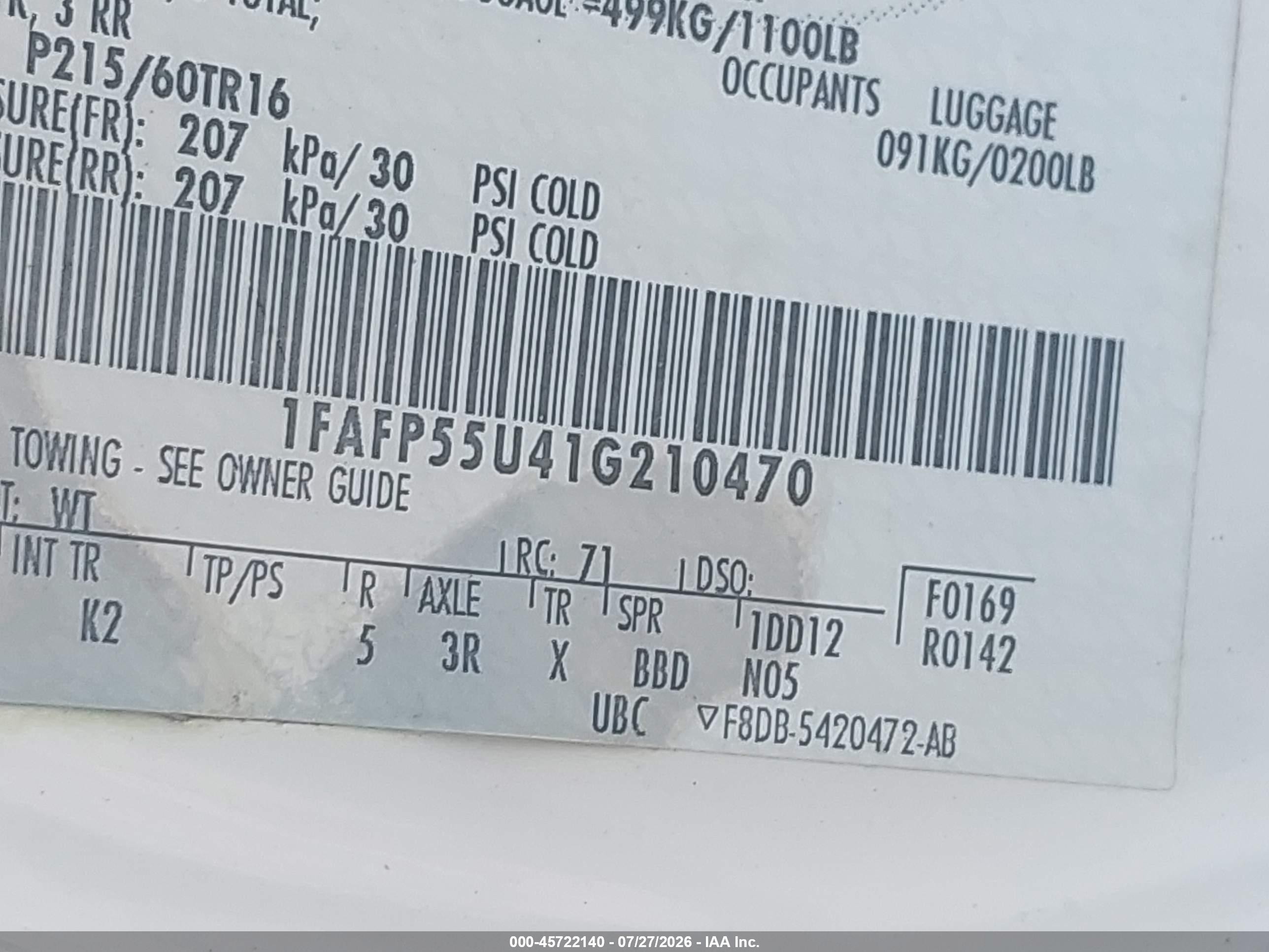 2001 Ford Taurus Ses White vin: 1FAFP55U41G210470