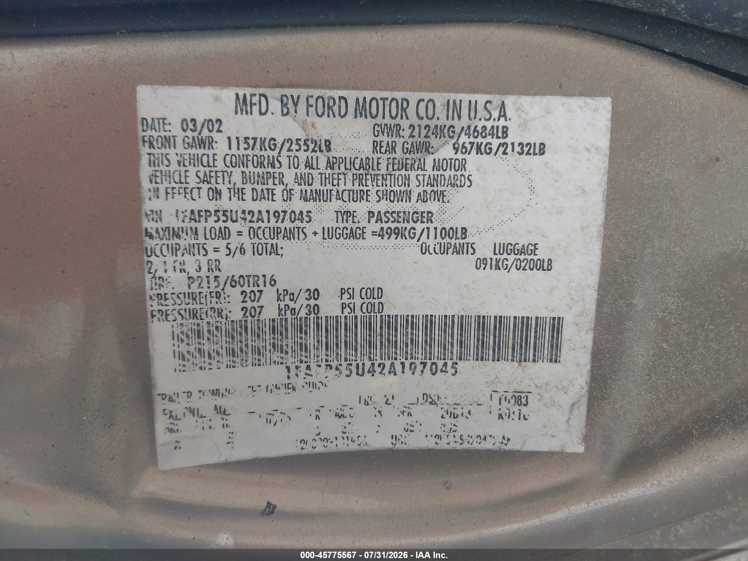 2002 Ford Taurus Ses Deluxe/ses Standard Gold vin: 1FAFP55U42A197045