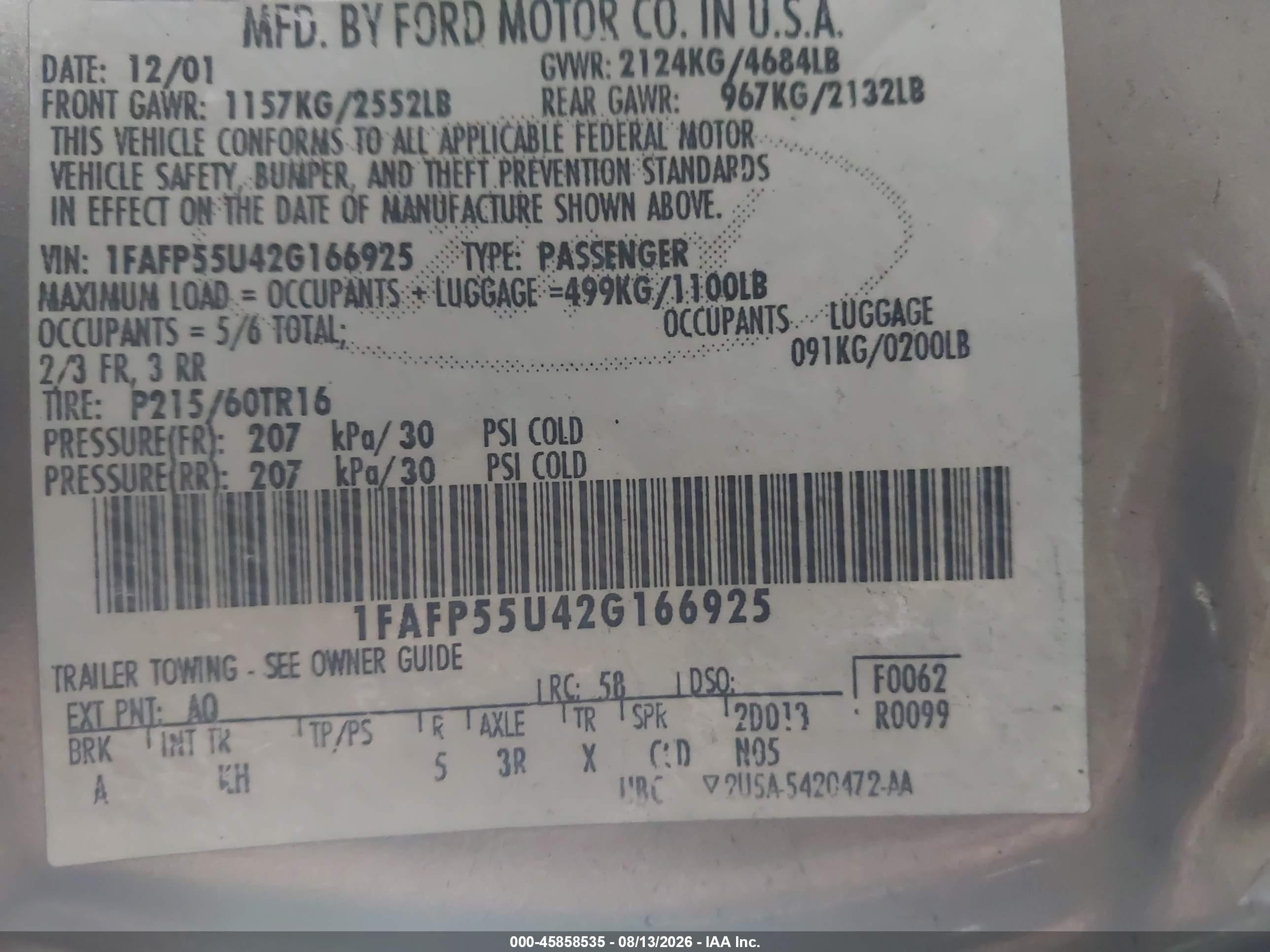 2002 Ford Taurus Ses Deluxe/ses Standard Gray vin: 1FAFP55U42G166925