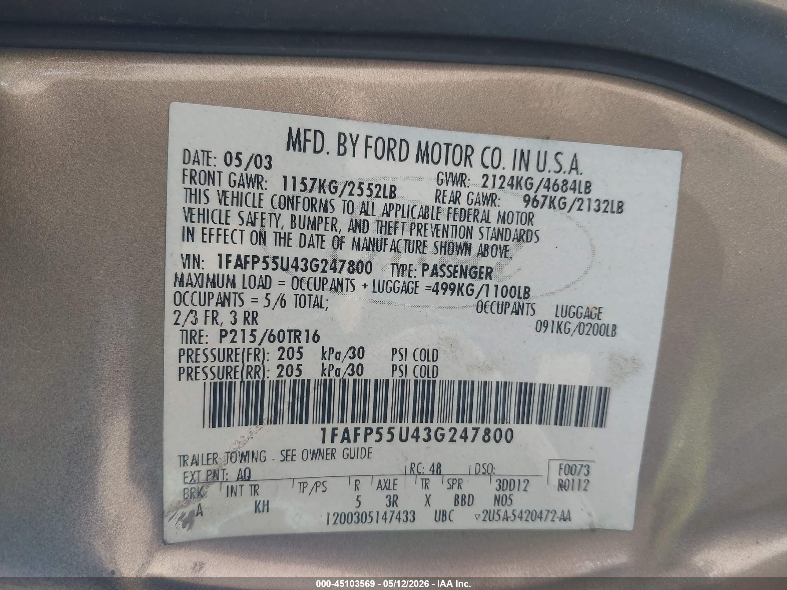 2003 Ford Taurus Ses Tan vin: 1FAFP55U43G247800
