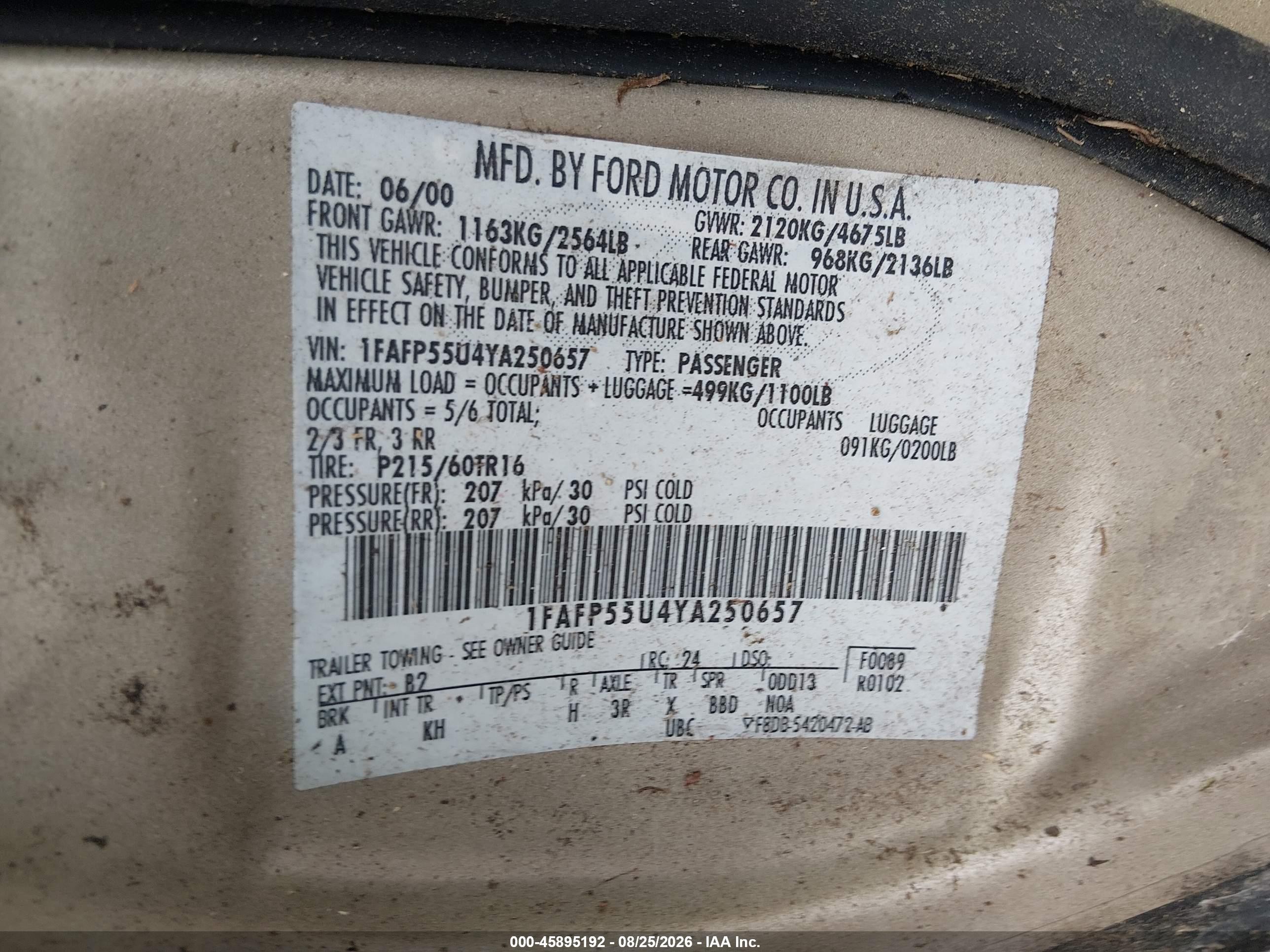 2000 Ford Taurus Ses Золотой vin: 1FAFP55U4YA250657