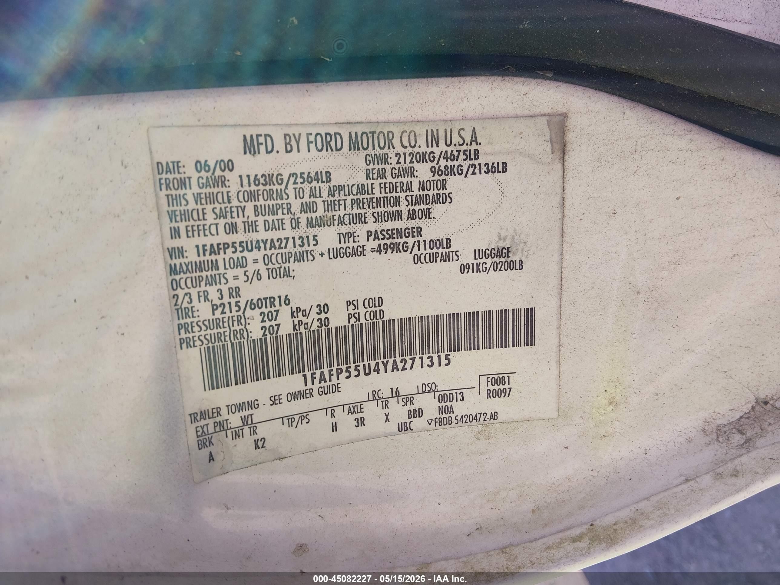 2000 Ford Taurus Ses White vin: 1FAFP55U4YA271315